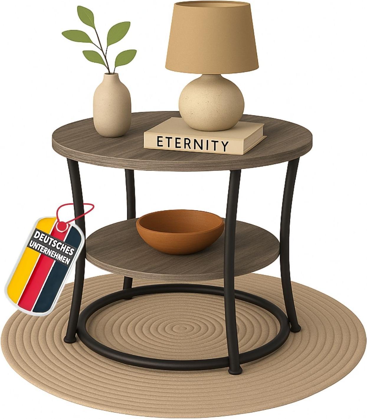 Coemo Beistelltisch Grau TAMY mit 2 Ebenen Ø 55 cm x 55 cm – Runde Form, Holzoptik & Metallrahmen – Metall Couchtisch – Schlafzimmer, Flur & Wohnzimmertisch – Coffee Table & Sofa Tisch