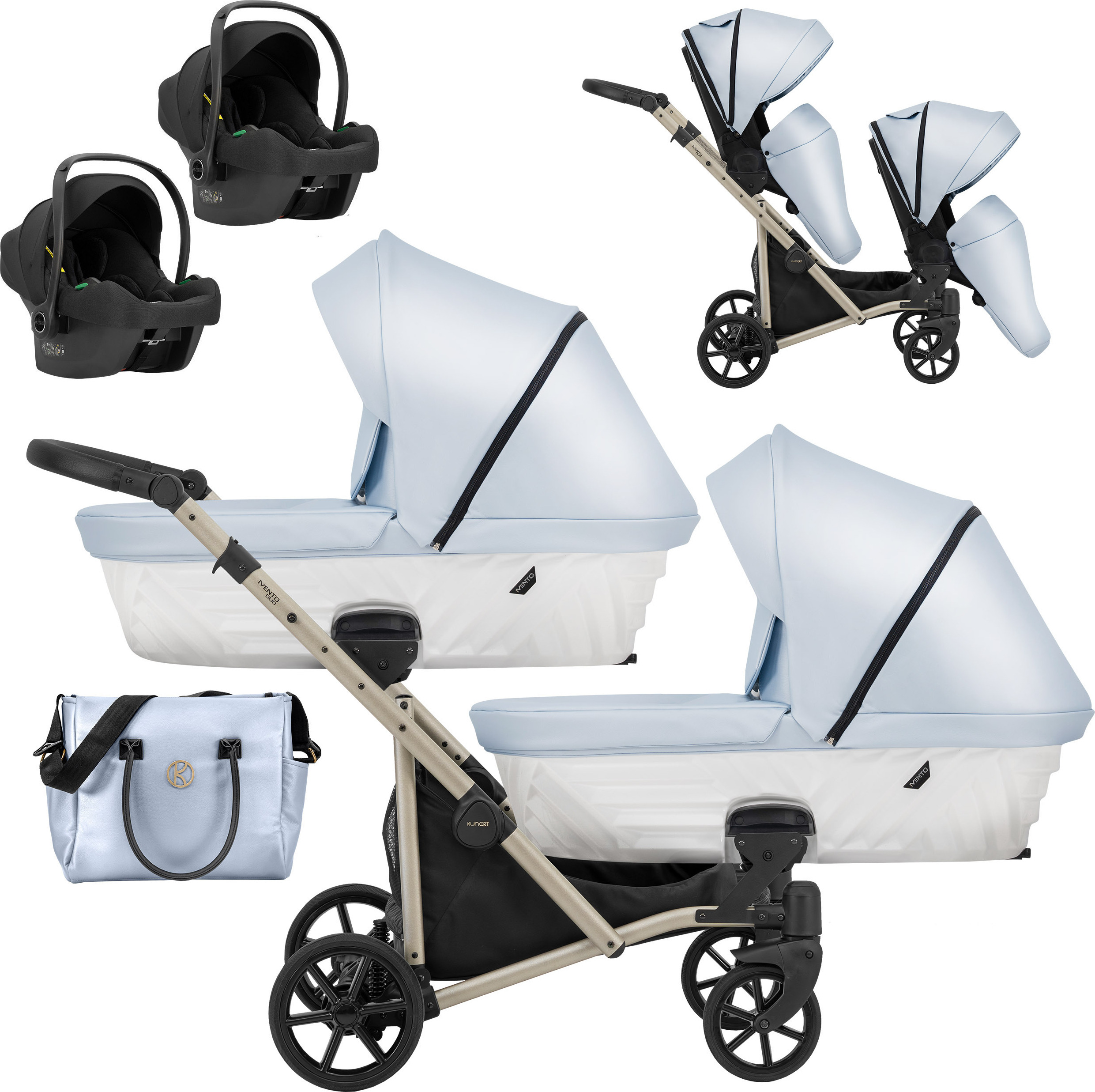 Kinderwagen IVENTO DUO 3 in 1 Komplettset Zwillingskinderwagen Geschwisterwagen Zwillingsbuggy Doppelkinderwagen (Baby Blue, Rahmenfarbe: champagne)