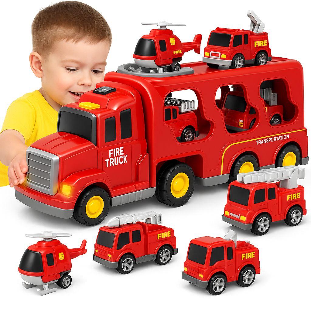 Zaxe Feuerwehrfahrzeug Set 7-teilig mit 6 Fahrzeugen und Helikopter