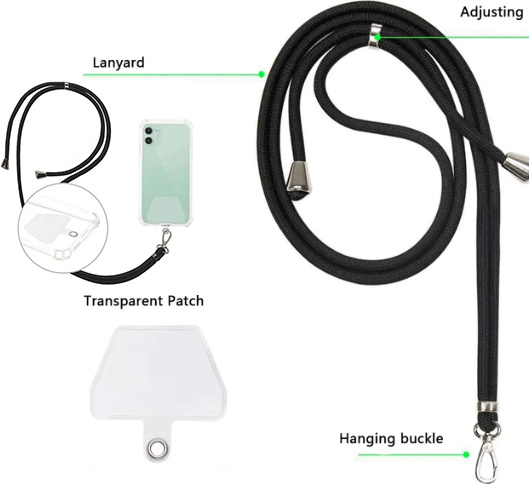 starfix Universal Handykette / Handyschnur mit transparentem patch / Handyhalter, schwarz