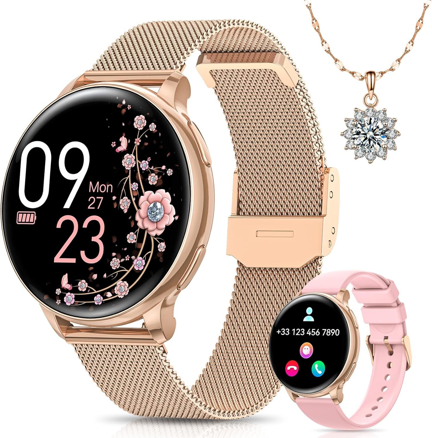 Banlvs Damen-Smartwatch mit Telefon, 1,27"-HD, 110 Sportmodi, Herzfrequenz, Schlaf, Zyklus, SPO2, BMI, IP68, für Android iOS