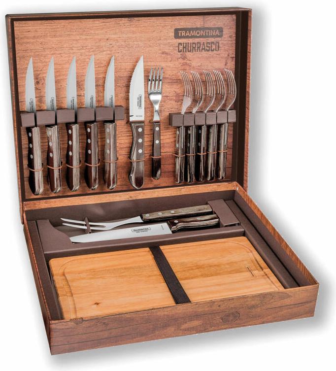 TRAMONTINA GERMANY GMBH Tramontina JUMBO BBQ-Set, 15-tlg., Steakbesteck, Schneidebrett, Tranchierset, Messer, Gabel, Edelstahl / Holz, 29899-324