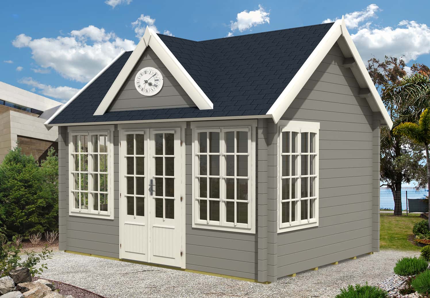 Palmako Alpholz Gartenhaus CLOCKHOUSE® 44 Royal ISO Gartenhaus aus Holz , Holzhaus mit 44 mm Wandstärke Blockbohlenhaus P1.1.00002.1