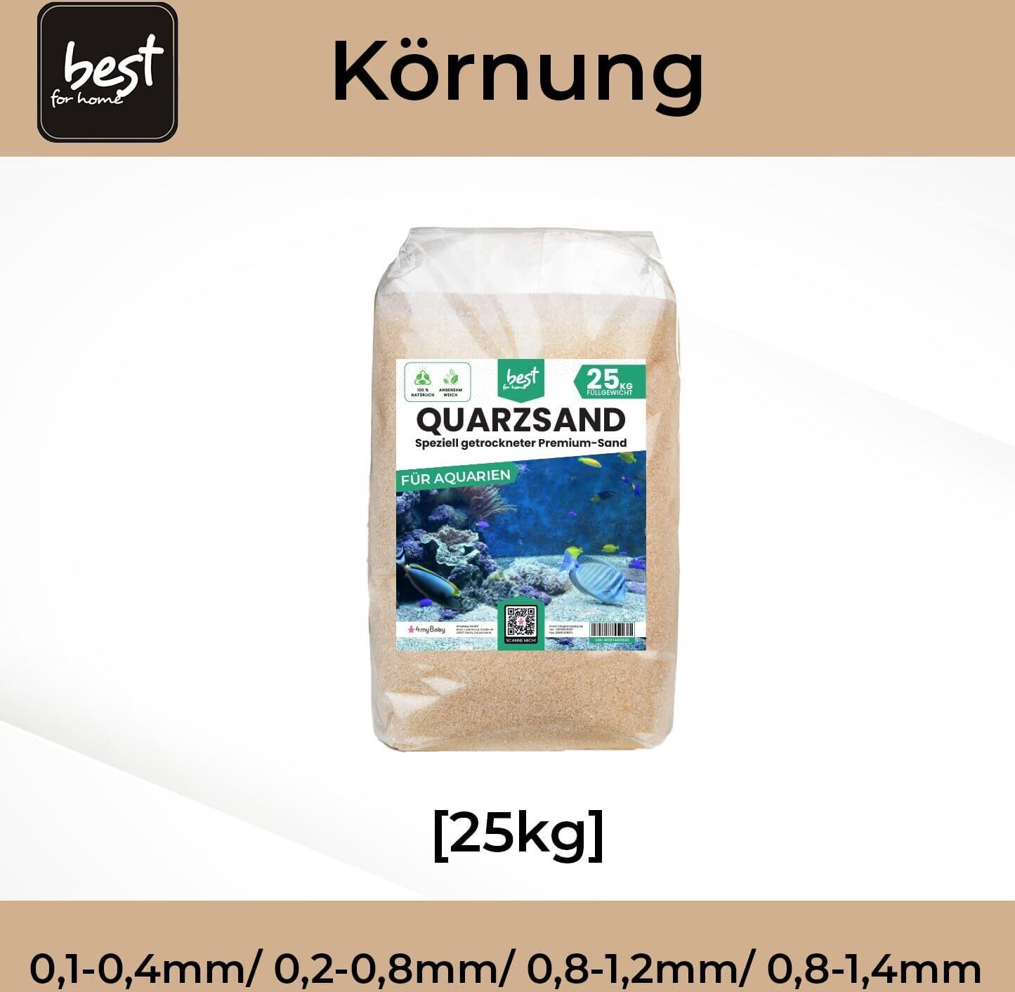 4myBaby GmbH 25 kg Quarzsand für Aquarien – natürlicher Süß- und Salzwassersubstrat, dekorativer Naturkies. Quarz-Aquariensand (0,2-0,8 mm)