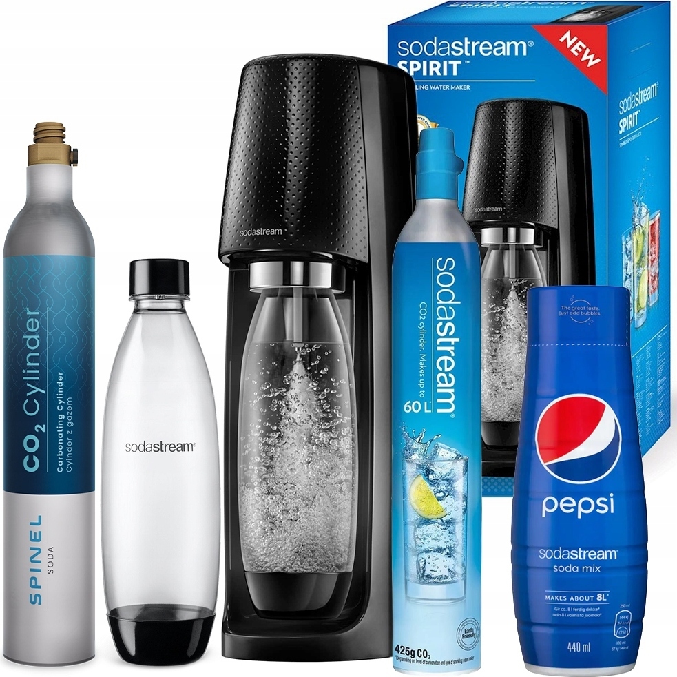 Výrobník sody SodaStream Spirit Easy Black jedna fľaša + Spinel Soda kartuša + Pepsi sirup 440ml