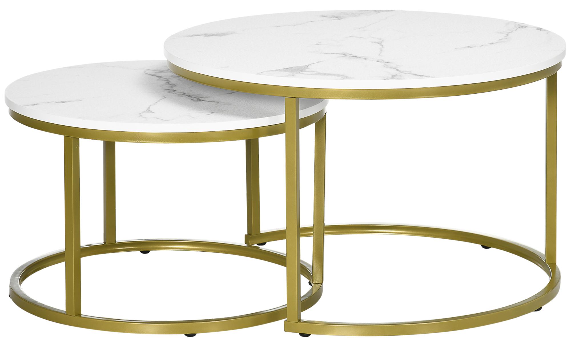 Patootie Fruitie Set aus 2 ineinander schiebbaren Couchtischen, runde Tische mit Marmoroptik-Platten und Stahlbeinen, ? 74 x 46,3 cm, wei? und gold