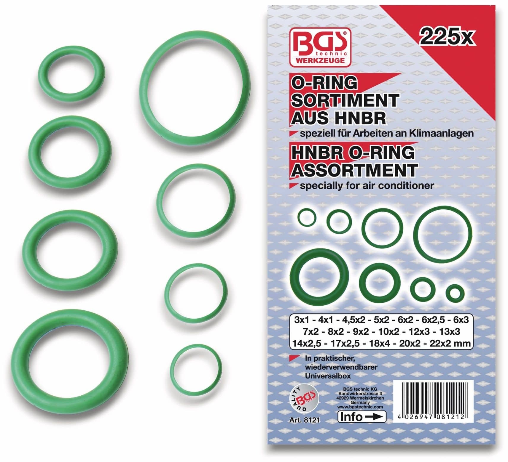 BGS technic BGS 8121 HNBR O-Ring-Sortiment, 3-22 mm Ø, 225-tlg.