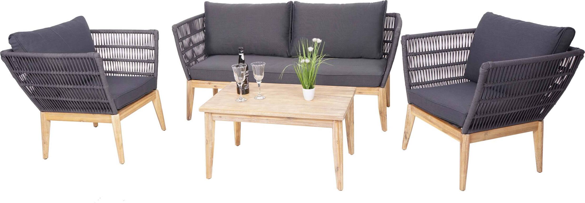 Záhradná súprava HWC-H55, Lounge Set Sedacia súprava, Rope Weave Wood Acacia Spun Poly MVG ~ Cushions Dark Grey