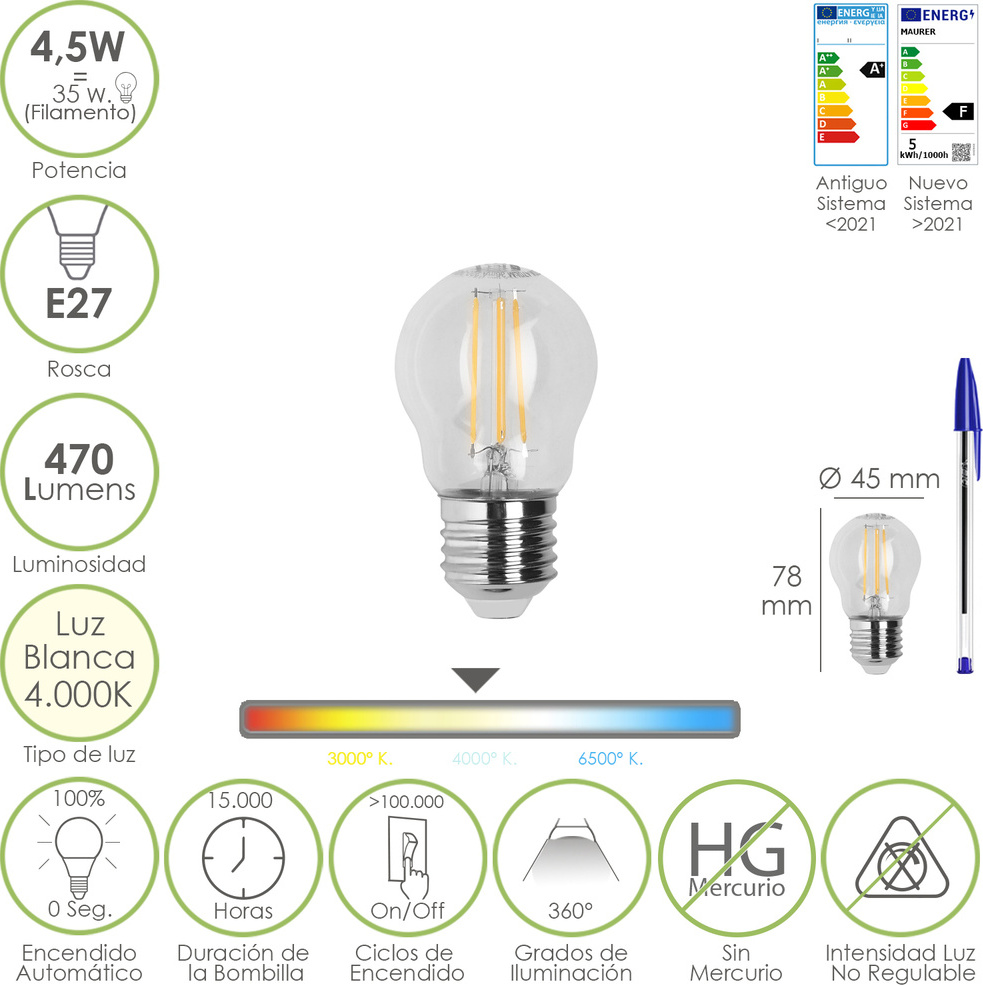 Maurer Bombilla Led Filamento Globo Rosca E27. 4,5 Watt. Äquivalent zu 35 Watt. 470 Lumenes. Luz Neutra 4000º K. 19073003