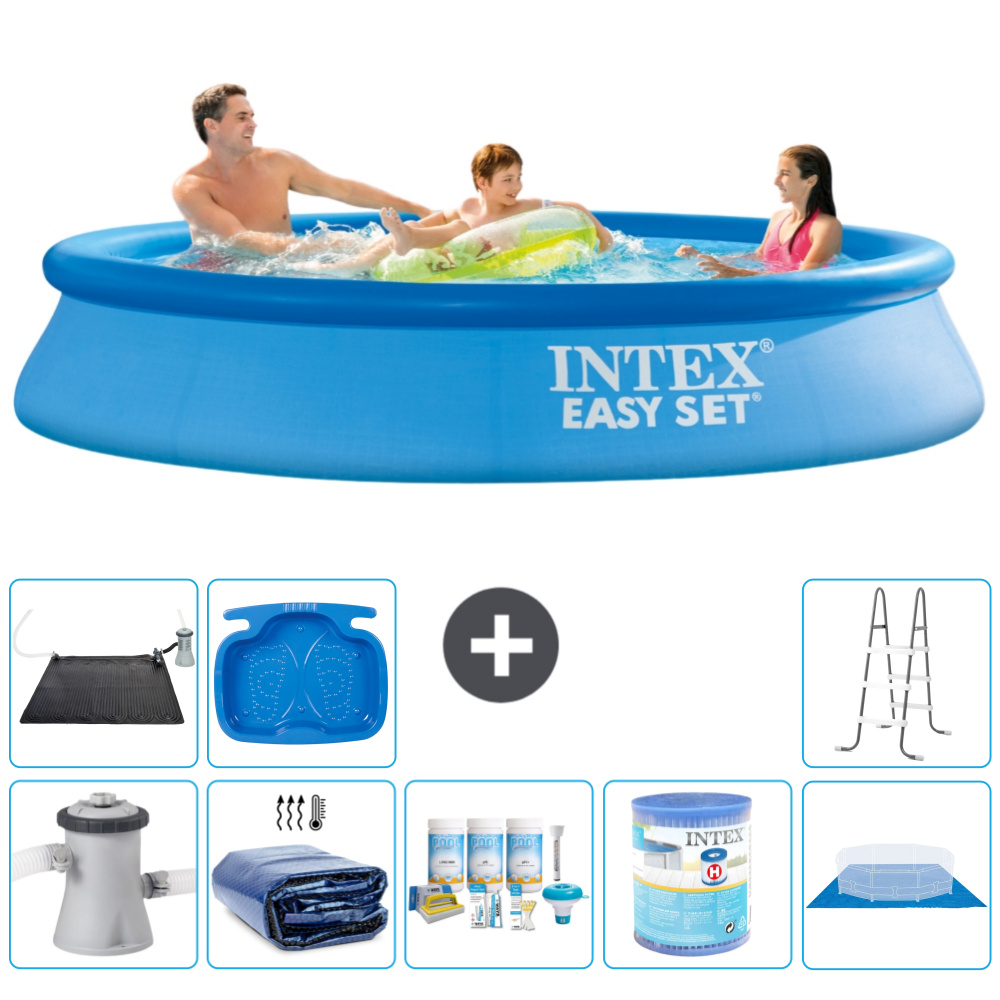 Okrúhly nafukovací bazén Intex Easy Set - 305 x 61 cm - modrý - vrátane markízy s čerpadlom - balík na údržbu - filter - podložka - solárna rohož - rebrík