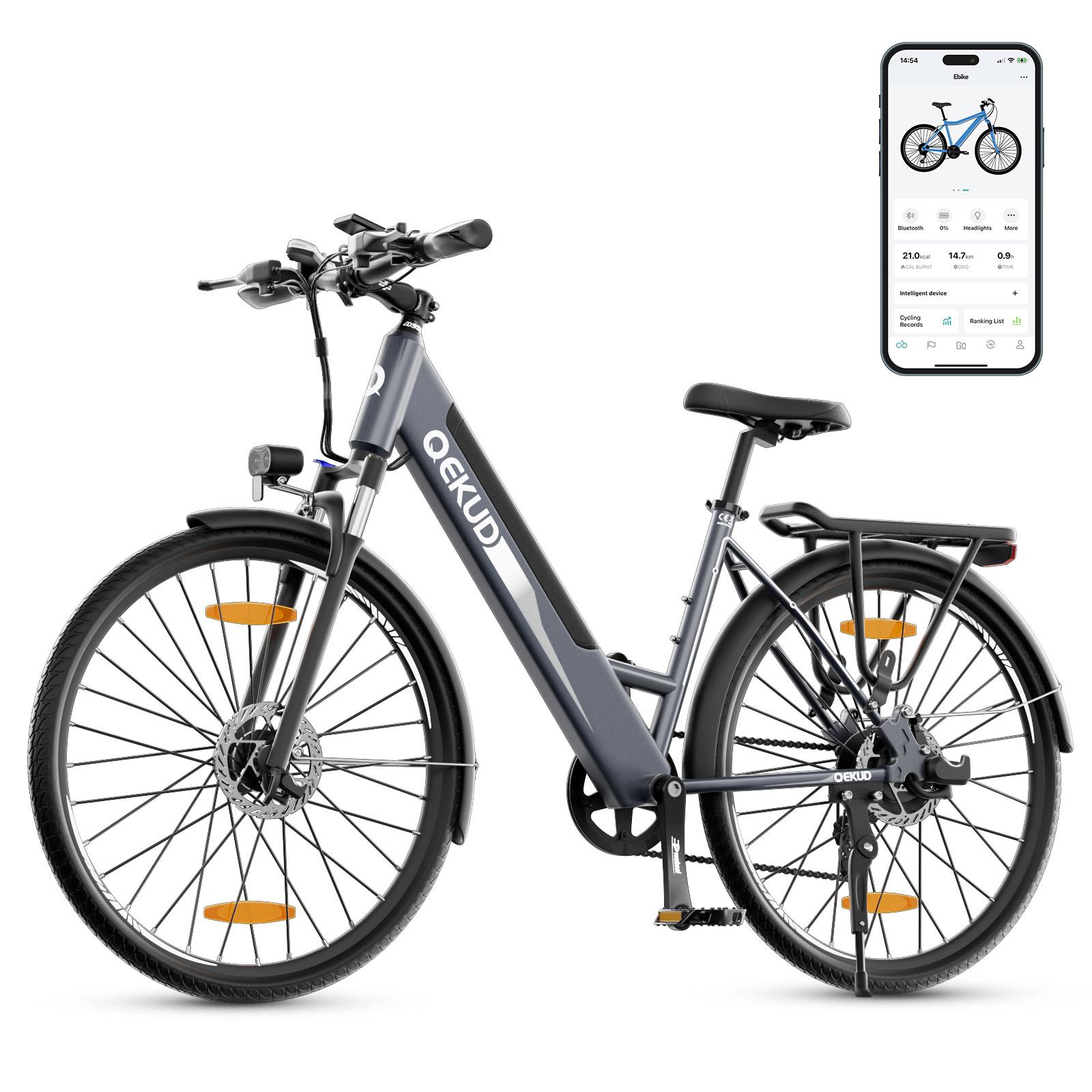Qekud City E-Bike Trekking E-Bike MTB Citybikes E-Bike F26Pro 26-Zoll 250W Motor 21-Gang mit APP 13Ah Grau