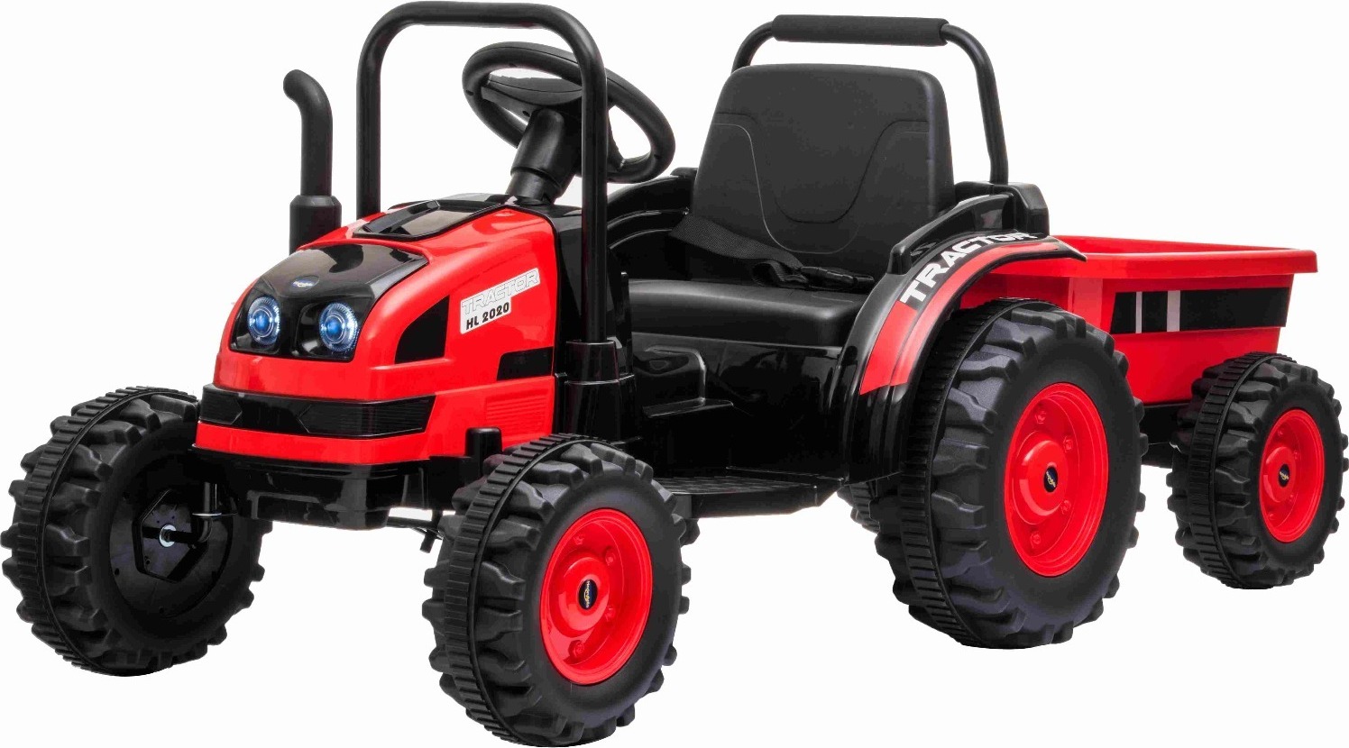 Elektrický traktor POWER s prívesom, červený, pohon zadných kolies, 12 V batéria, plastové kolesá, široké sedadlo, diaľkové ovládanie 2,4 GHz, MP3 prehrávač s USB, LED svetlá