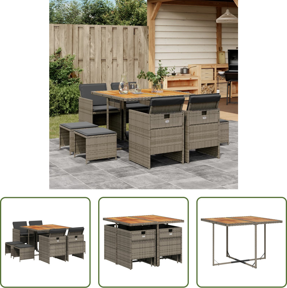 The Living Store 9-dielny záhradný jedálenský set s vankúšmi sivý polyratan