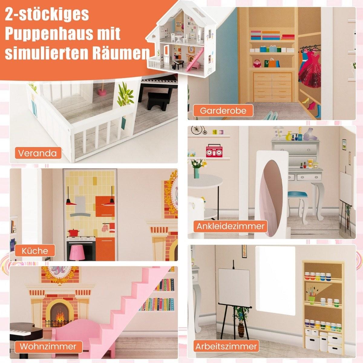 Northio Puppenhaus Holz 2 stöckige Puppenstube mit Zubehör & Möbeln 81 x 30 x 86 cm Weiß