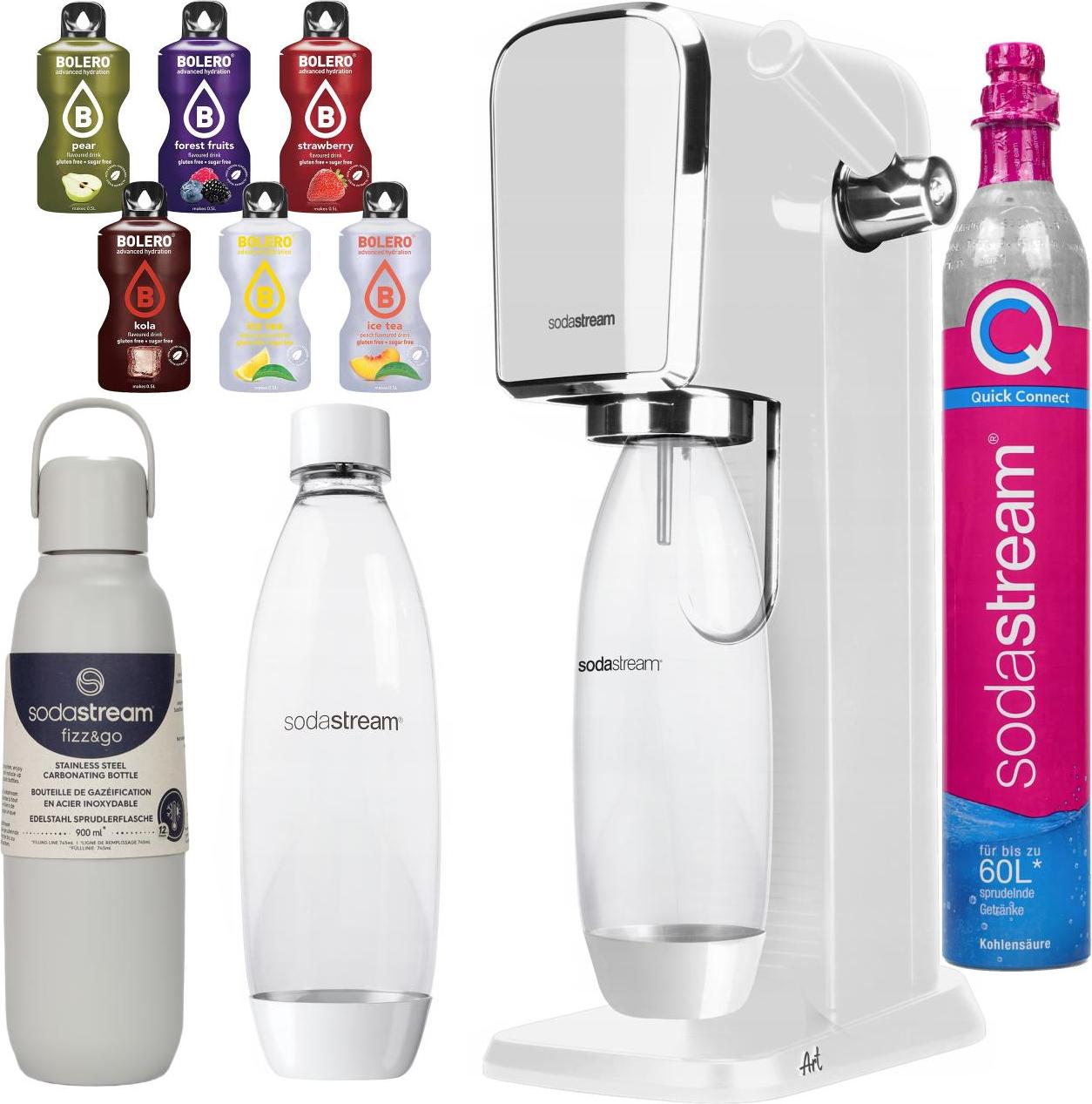 Výrobník perlivej vody Sodastream Art White + termoska Fizz&Go 900 ml, béžová + 6 nápojov