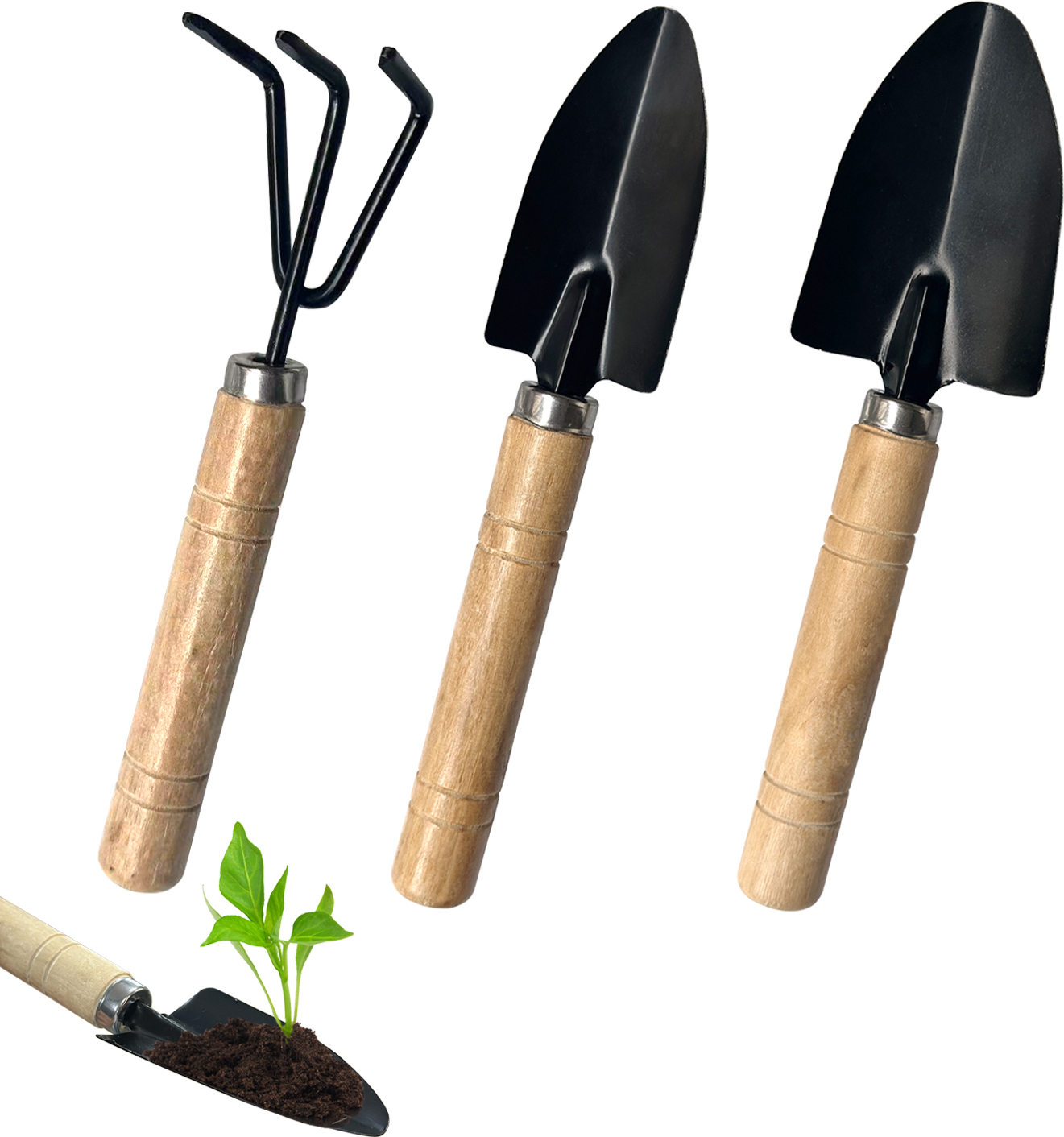 3-teiliges Mini Gartenwerkzeug Set - Schaufel, Rechen & Spaten Mit Holzgriff