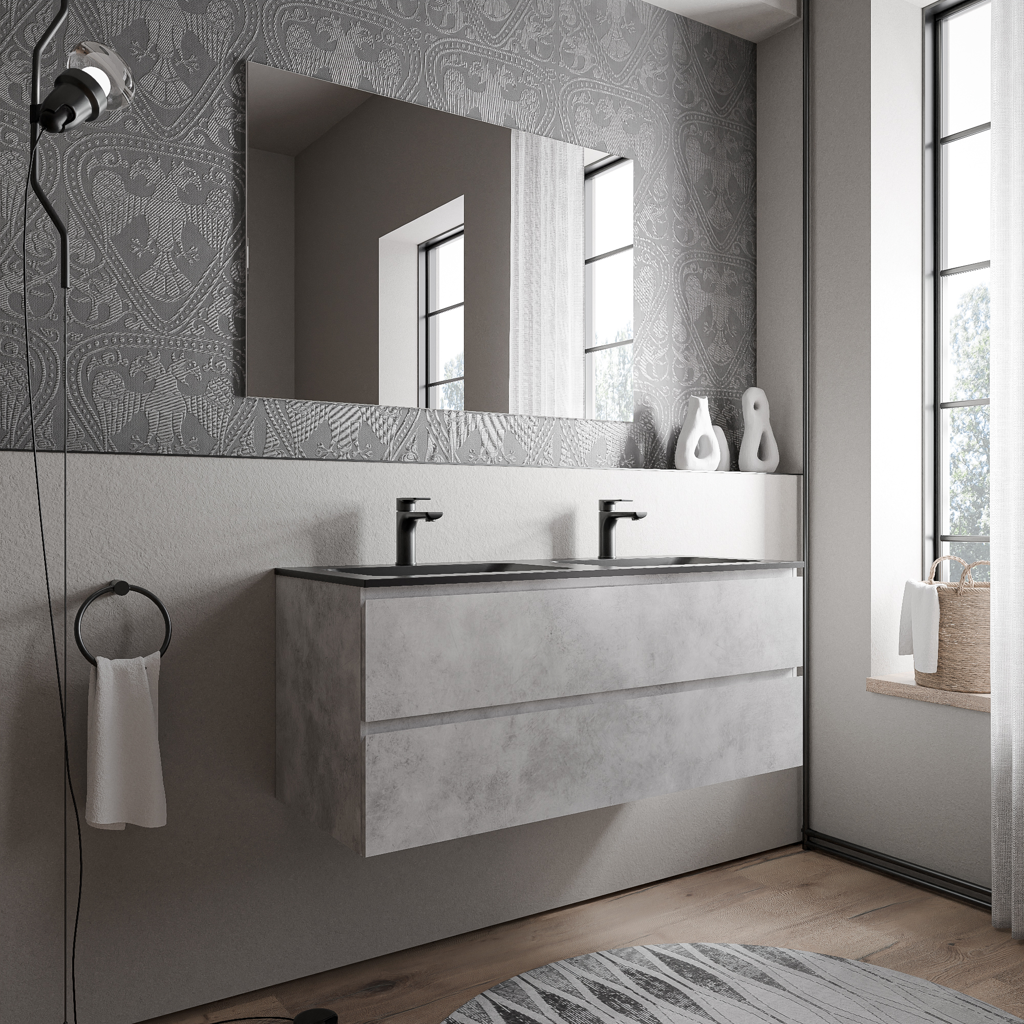 Unterschrank AVA 120 cm mit Mineralguss Waschbecken BRUXELLES - Farbe wählbar, Auswahl Waschbecken:Schwarz matt mit Hahnloch, Farbe Badmöbel:Beton