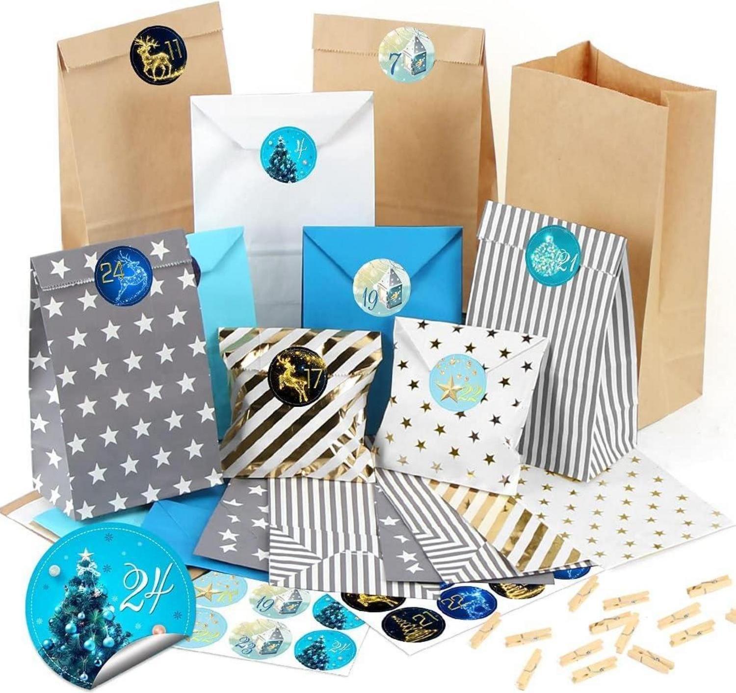 Adventný kalendár na vyplnenie 26 papierových vreciek DIY vianočný kalendár modrý