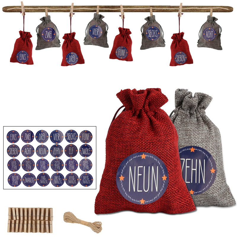 Jiubiaz adventný kalendár plniteľné vianočné tašky dekor 24 textilné tašky červená/sivá