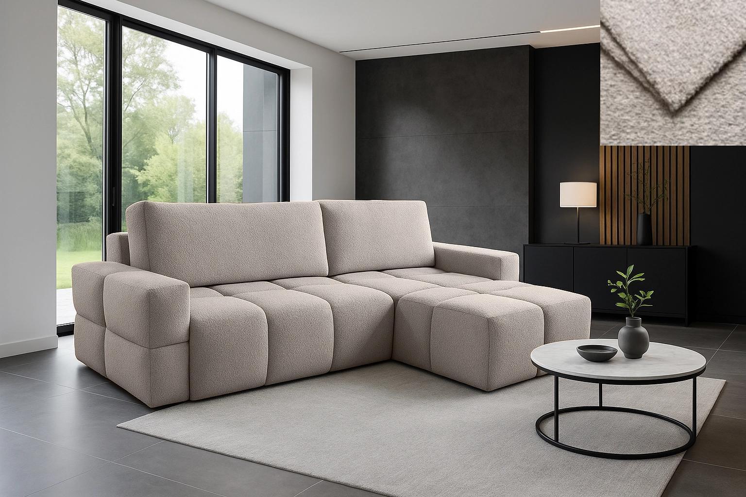 Ecksofa Carini Nordelo mit Schlaffunktion, Bettkasten, Stoff ARENA 15 Hellgrau Bouclé, universal L/R, 165×255×90 cm, Liegefläche 150×210 cm ECKC-CARI-ARN-15