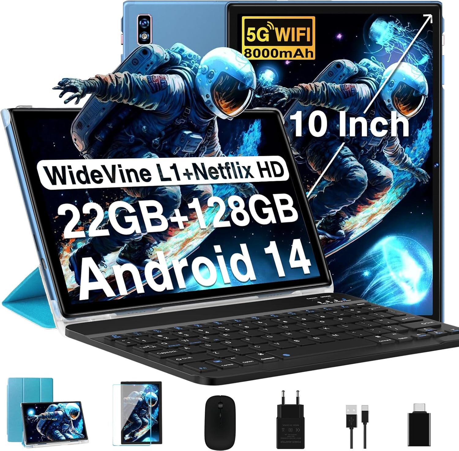 2025 Najnovší tablet 10" Android 14 Tablet, 22GB RAM + 128GB ROM/1TB TF, Octa-Core, 2.0GHz, 5G 2.4G WiFi, BT 5.0, 8000mAh, Widevine L1.8+5MP, AGPS,
