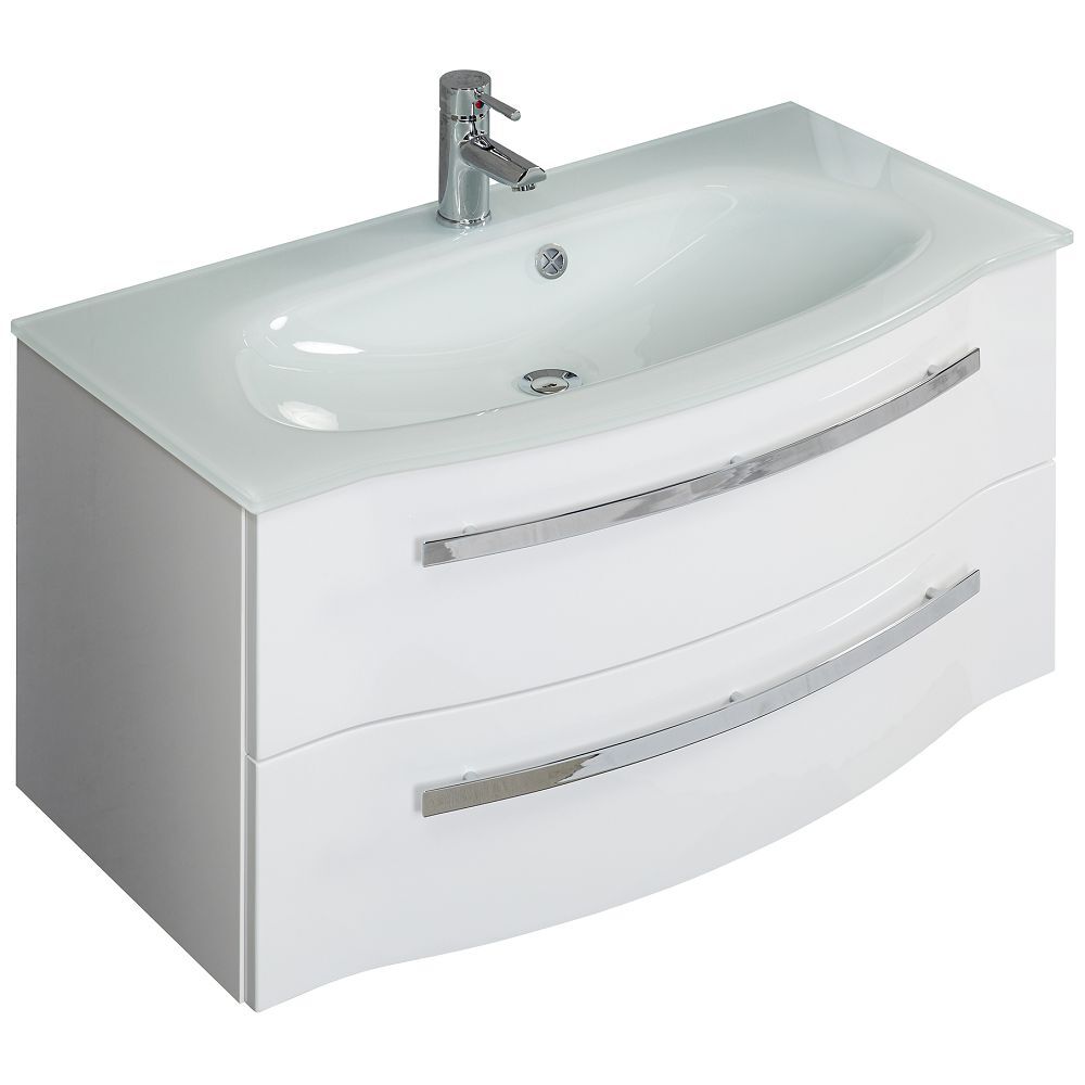 Lomadox Badmöbel Einzelwaschtisch FES-4005-66 in Hochglanz Lack Polarweiß, gerundete Front, Schubladen mit Vollauszug - B/H/T: 92/49,7/49,1cm 992-0900011