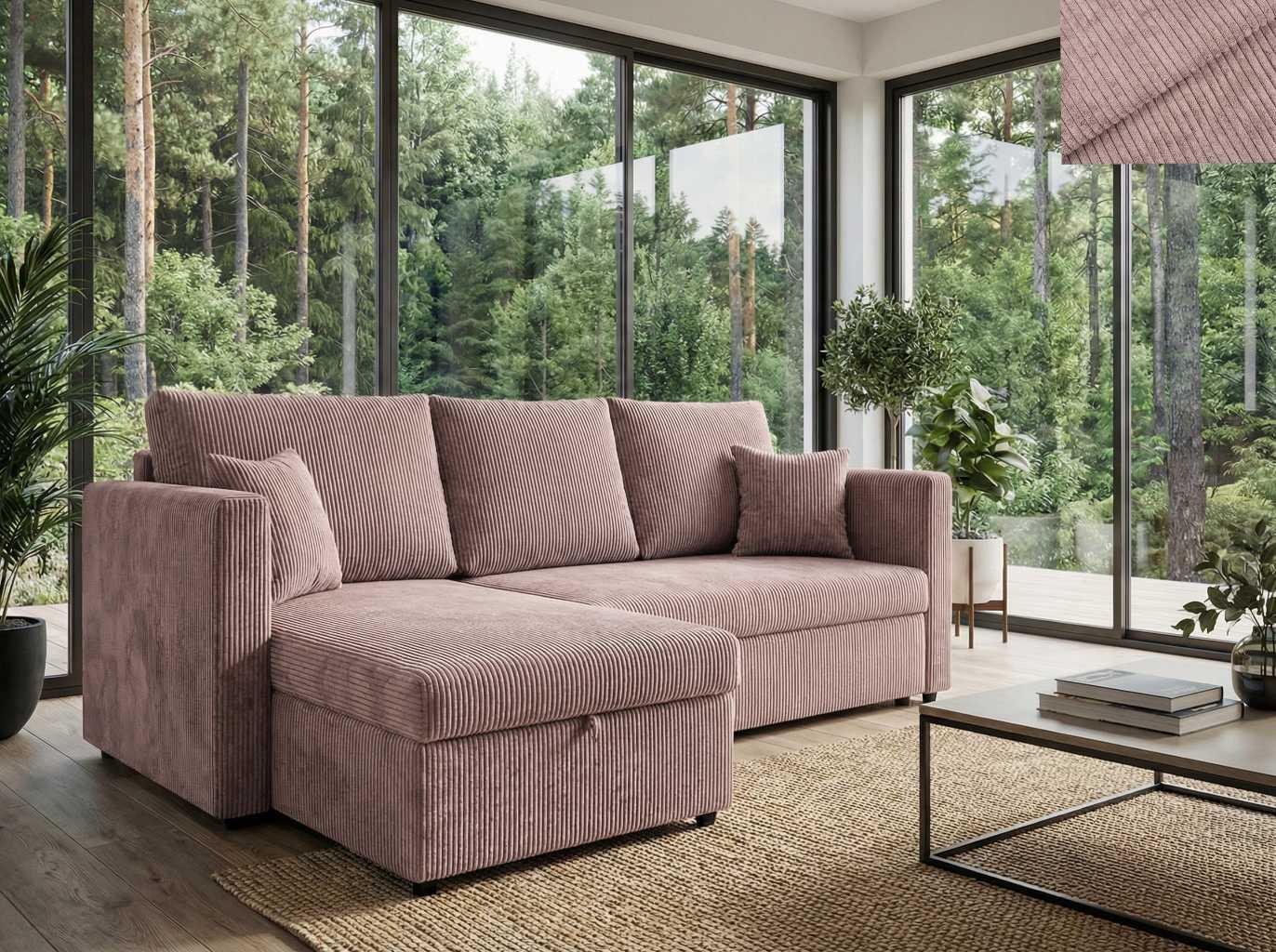 Ecksofa PISA Nordelo 146×220×90 cm universell L/R, ausziehbar, Schlaffunktion 140×200, Bettkasten, Stoff Apollo Cord 27 PINK ECKSF-PISA-APLL-CORD-27