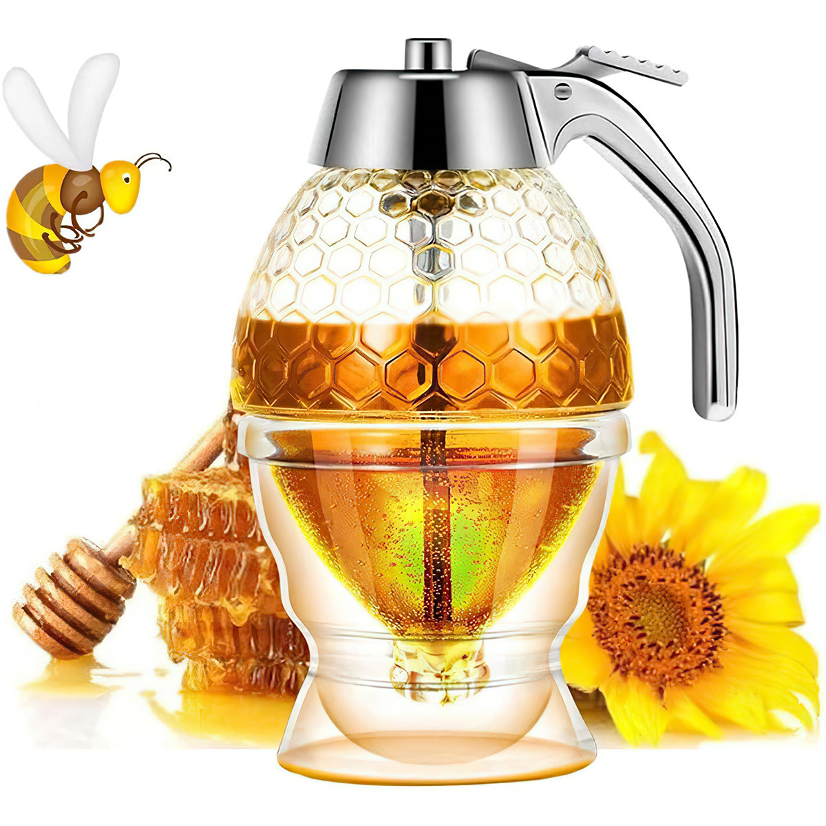 Dopwii Sirupspender mit Löffel & Halter – 200ml Honigspender aus Kunststoff, Anti-Tropf Design für Honig, Ahornsirup, Soßen & Dressings KAUF-Wohn-KF1792-015