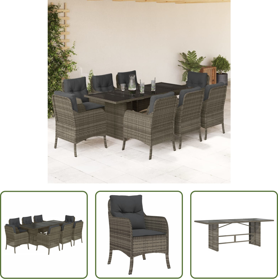 The Living Store 9-dielny záhradný jedálenský set s vankúšmi sivý polyratan