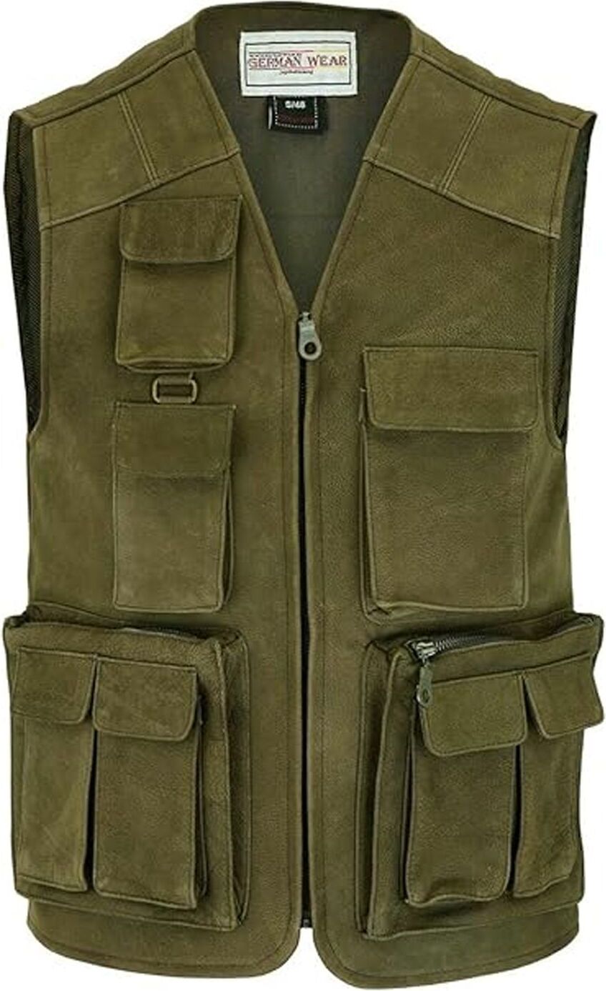 GermanWear Jagd Lederweste Jagdweste Angelweste Angler Weste Jägerweste, Größe:48/S, Farbe:Jagdgrün VAR-19571