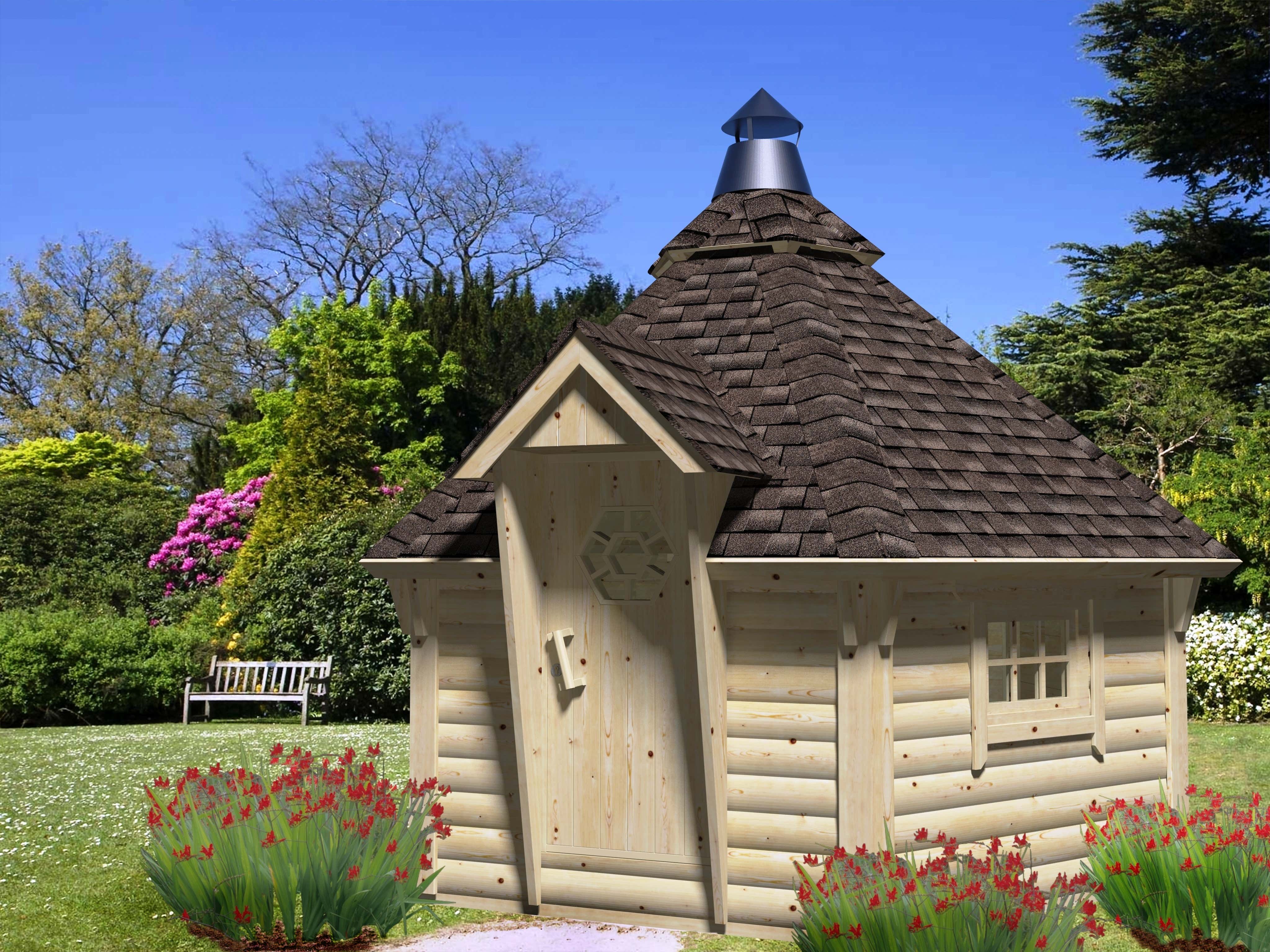 Palmako Grillkota Modell Eva 8,7 m² aus Holz Grillpavillon Grillkota Fußboden inklusive BBQ Haus Spitzdach