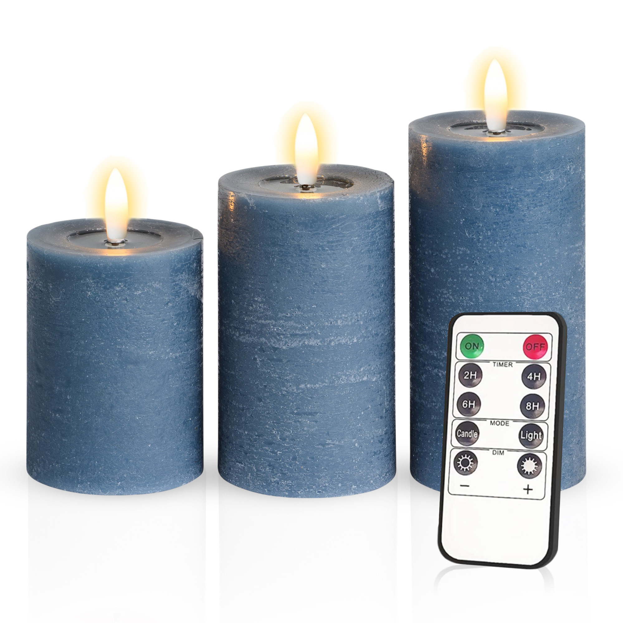 Meisterhome LED Stumpenkerzen-Set – 3er-Pack Blau, Ribble Design – Flammenlos, Batteriebetrieben, Mit Fernbedienung & Timer – Warmweiß, Flackernd – 10/12,5/15 Cm Höhe