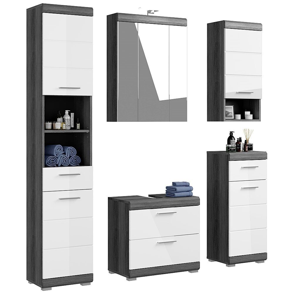 Lomadox Badezimmermöbel Set 5-teilig modern in Hochglanz weiß mit grau SIROCO-158 LA158-SIROCO-158-SET34