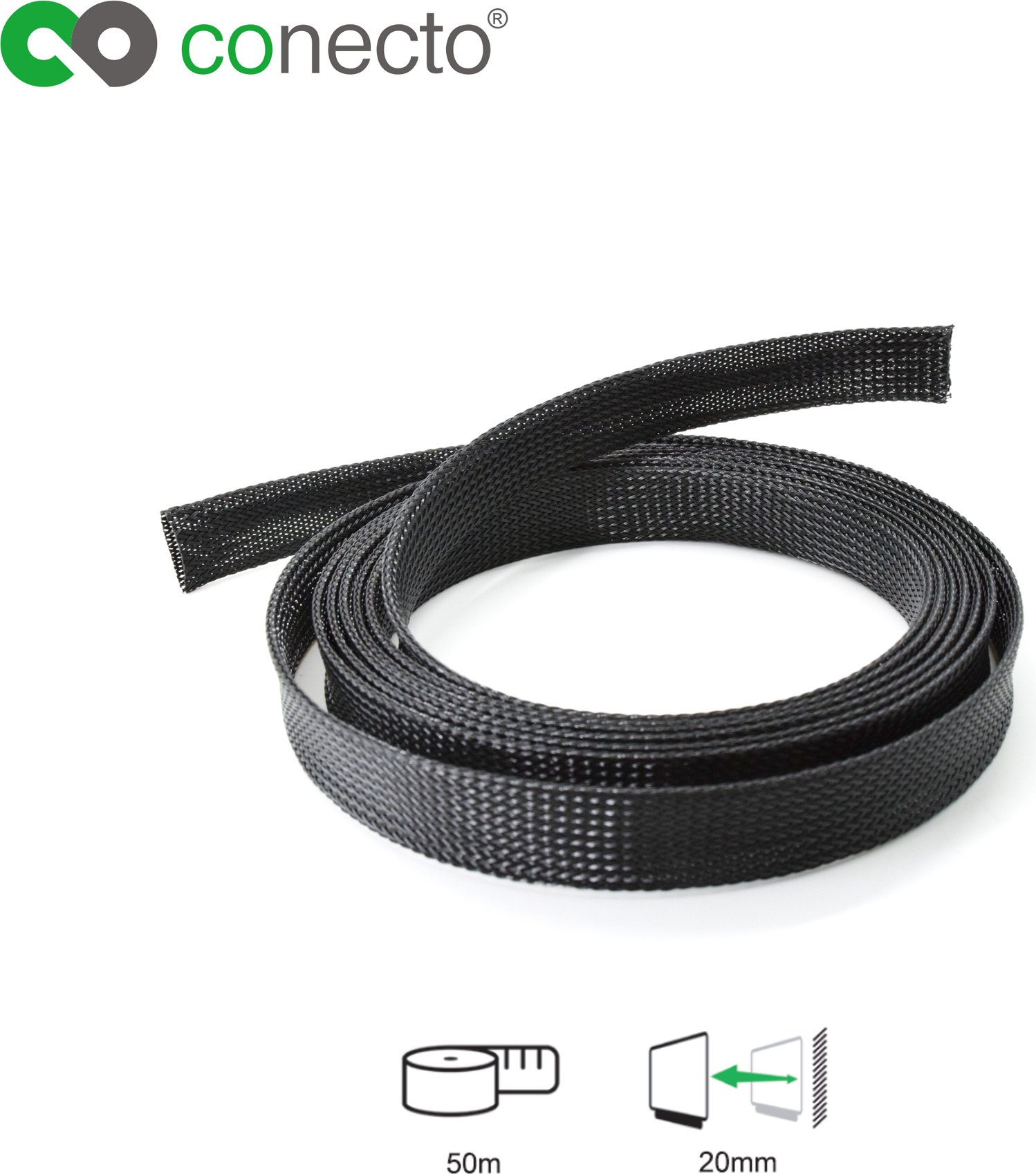 Satchef GmbH conecto CC50315 Universeller Polyester-Kabelschlauch, selbst zusammenziehend, Ø 20mm, Rolle 50m, schwarz SA-CC50315