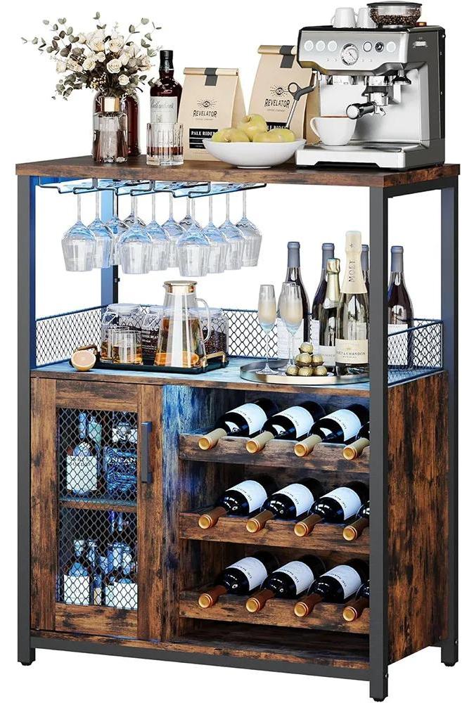 StarTech Retro Weinschrank - Barschrank - 7-farbige LED-Beleuchtung - Verstellbares Flaschenregal - Glashalter - Holz - 69 x 35 x 92 cm - Retrobraun