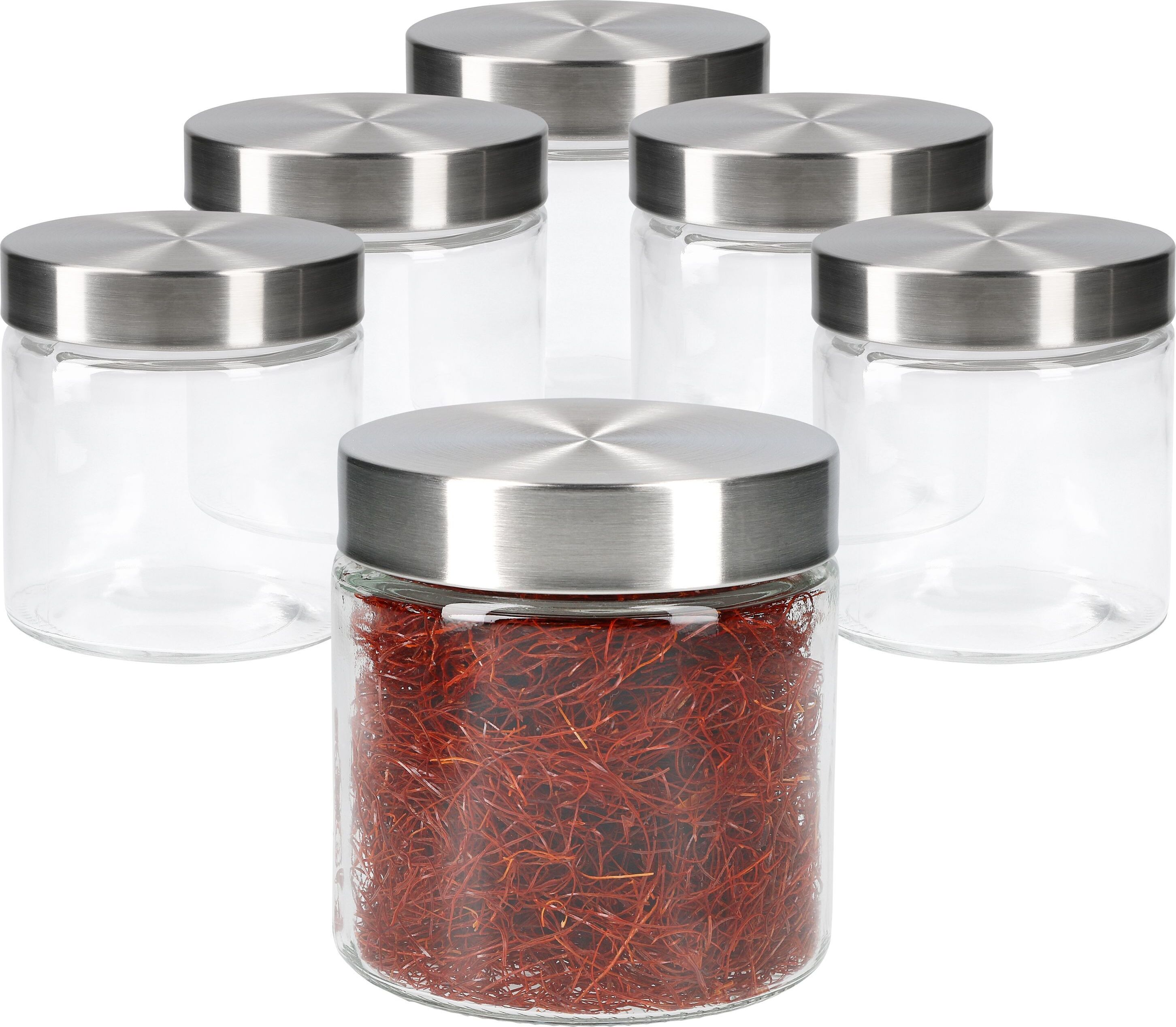 MamboCat 6tlg Set Vorratsglas Bera Edelstahldeckel silber Ø11cm 0.8L Glasdosen Dosen Aufbewahrungsbehälter