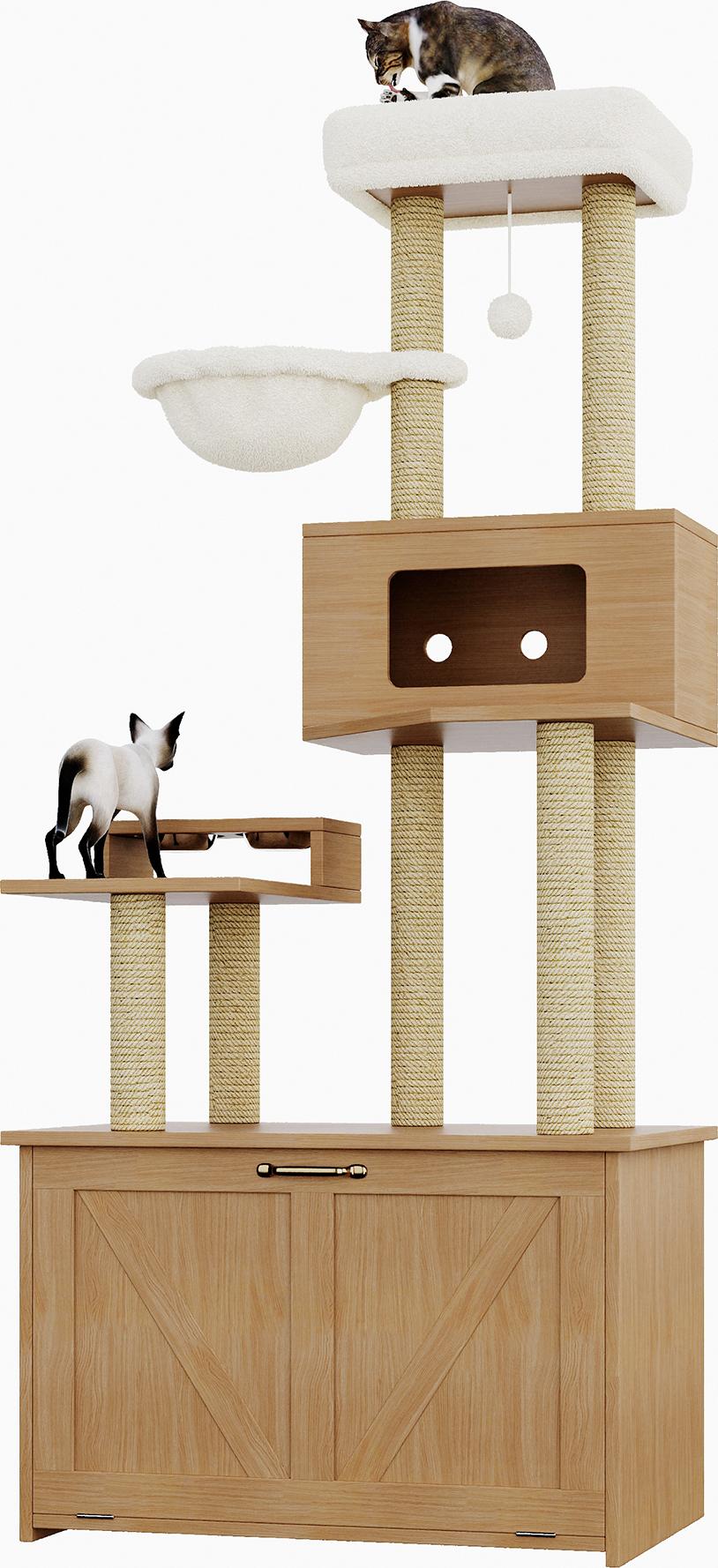 Katzenturm & Kratzbaum -All-in-One-Katzenmöbel mit großer Plattform, Futterstation, 1 Hängematte und Katzenkloschrank (ohne Katzenklo), 80×50×173 cm