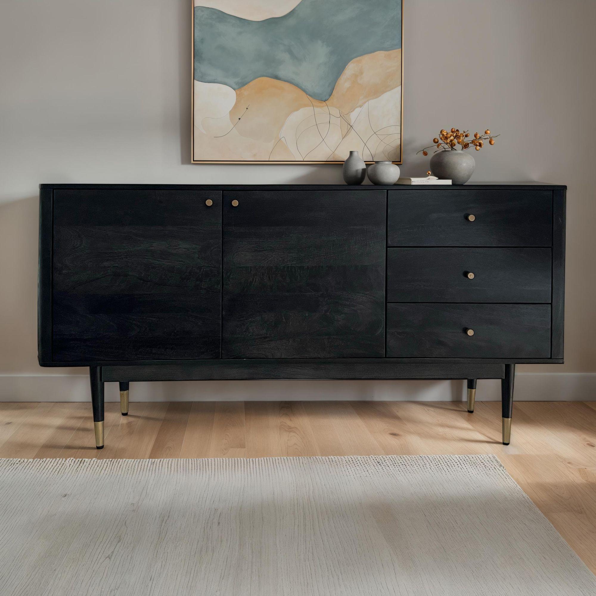 WOHNLING Sideboard 160x81x42 cm Akazie Massivholz Kommode Schwarz Hoher Kommodenschrank Modern Standschrank mit 2 Türen und 3 Schubladen Anrichte WL7.021