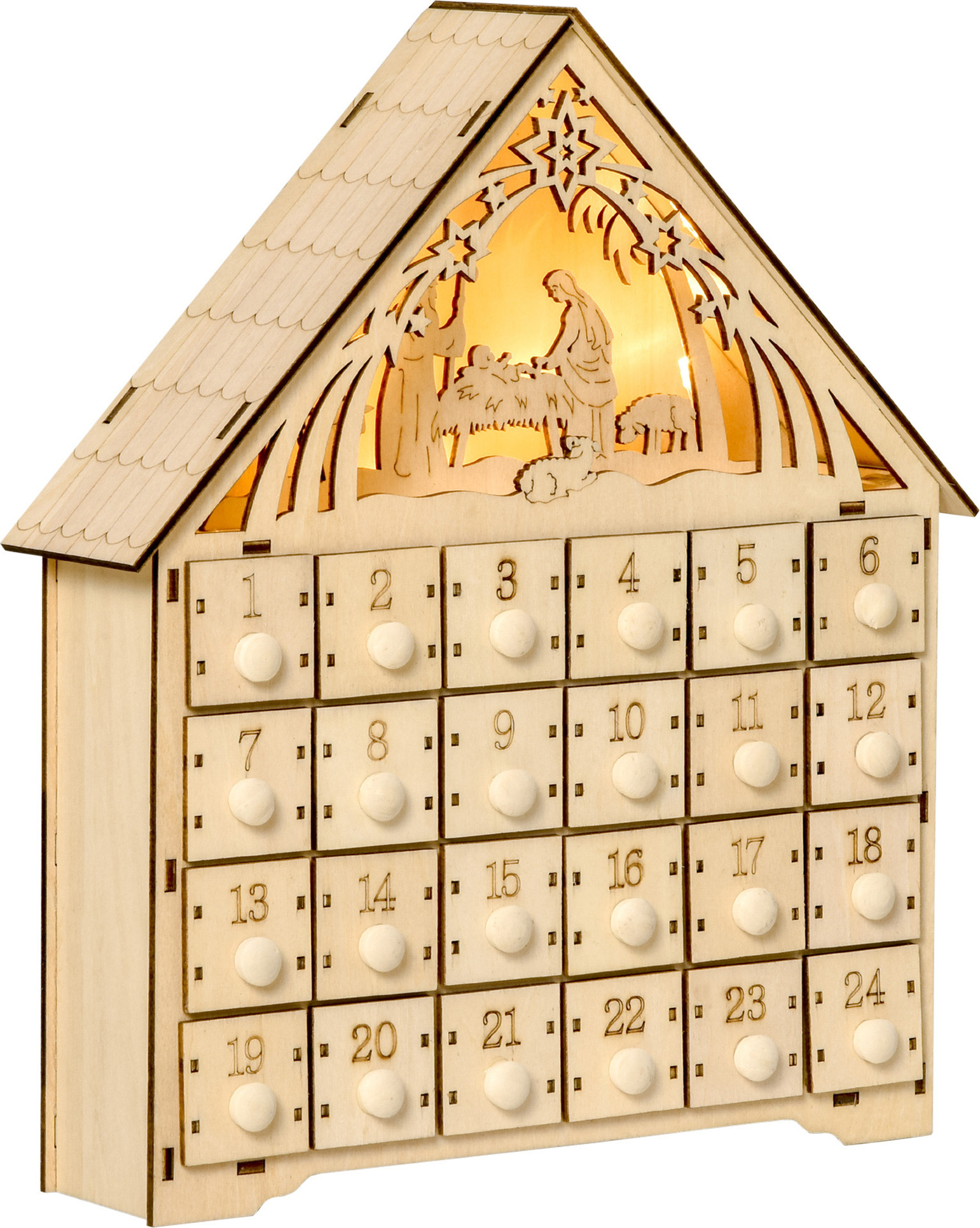 HOMCOM Adventný kalendár na vyplnenie 24 zásuviek Vianočný kalendár s LED svetlami Adventný kalendár box Vianočná dekorácia DIY MDF doska prírodné drevo 26,6 x 6 x 30 cm