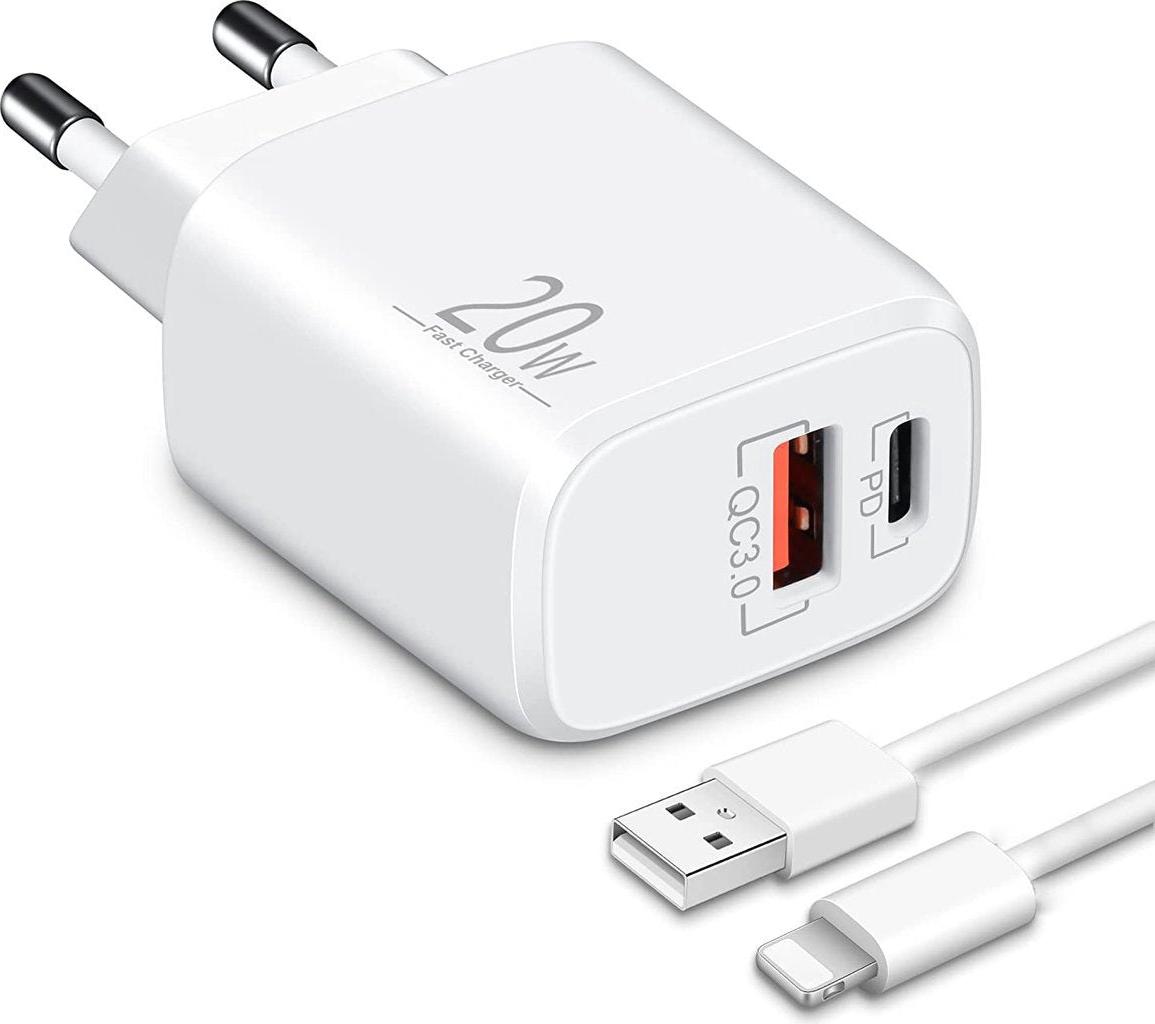 USB C nabíjačka USB napájanie rýchla nabíjačka nabíjačka mobilných telefónov rýchla nabíjačka USB-C + USB-A, dvojportová nabíjačka, rýchle nabíjanie pre iPhone, iPad, Samsung, Google Pixel, tablet a ďalšie - USB Lightning 1 meter
