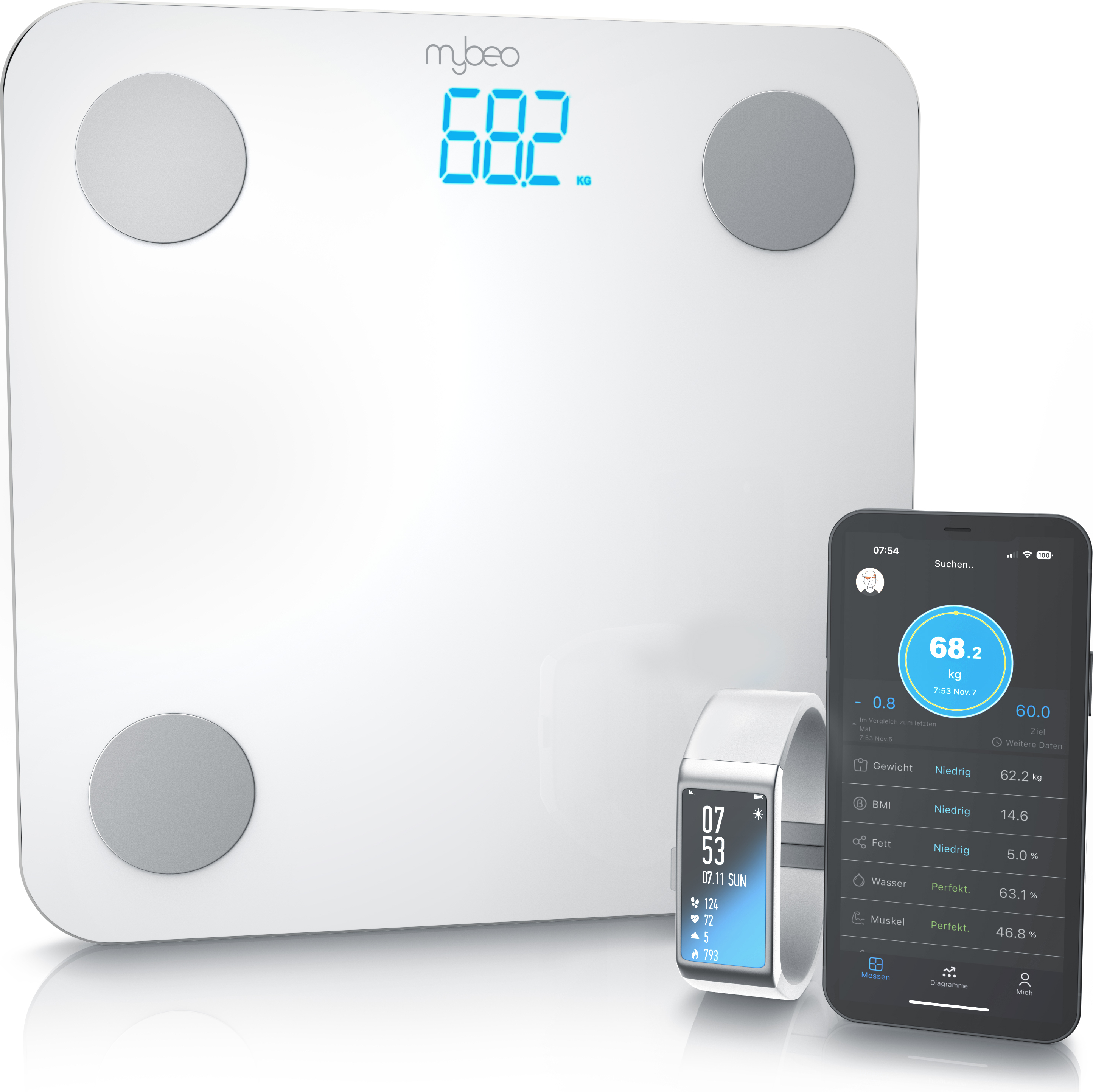 Mybeo Personenwaage digital, Körperanalysewaage, Smart Körperwaage, Körperfettwaage mit Bluetooth App-Steuerung, kompatibel mit Smartwatches, Fitnesstrackern 307349