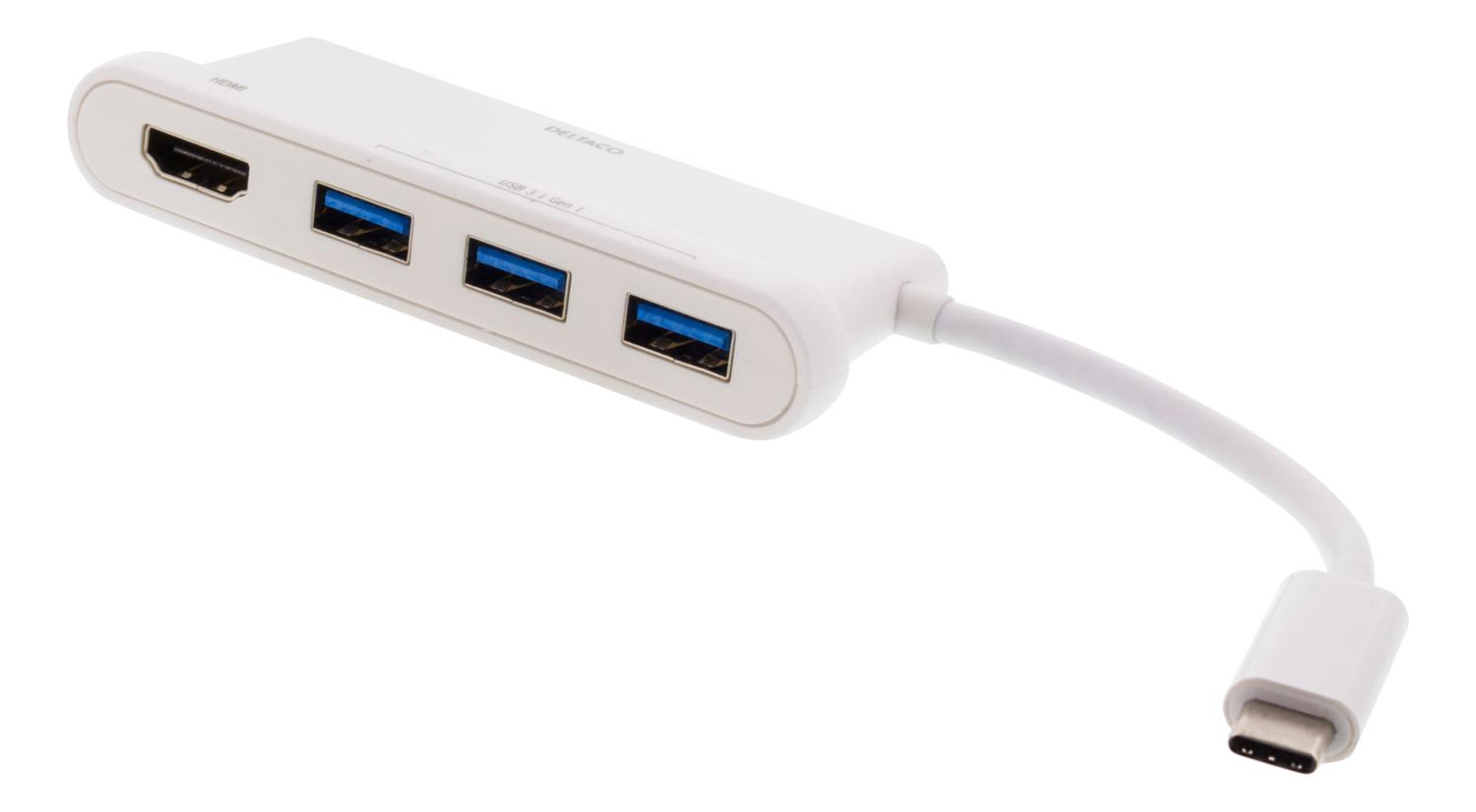 Rozbočovač DELTACO USB-C, 1x HDMI 4K pri 30 Hz, 3x USB-A 3.1, biely