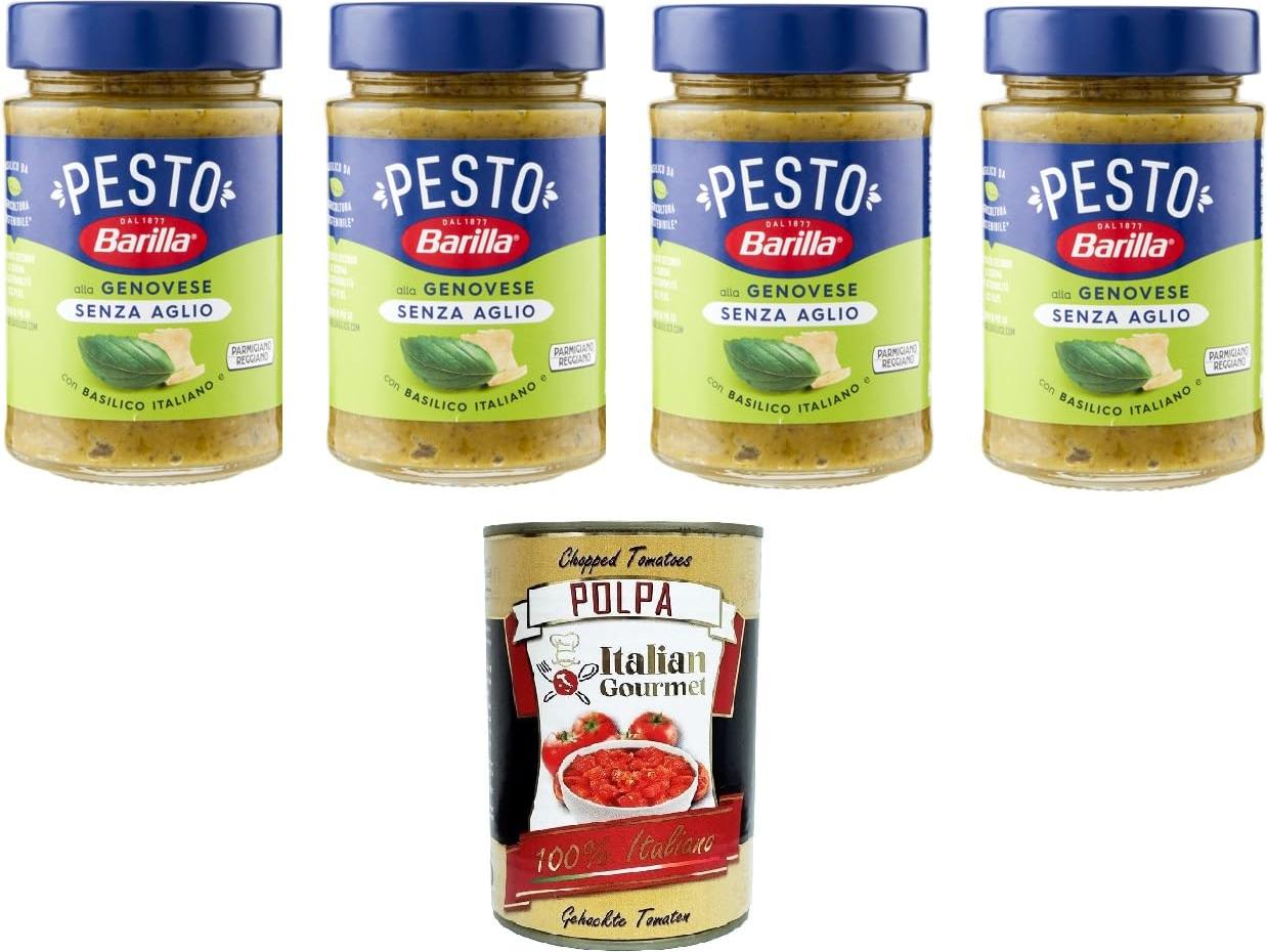 Italian Gourmet E.R. Barilla Pesto Alla Genovese senz'Aglio Condimento e Sugo per Pasta Genueser Pesto ohne Knoblauchgewürz und Nudelsauce 4x190gr + Italian Gourmet polpa 400g 2W-4CPO-HAPZ