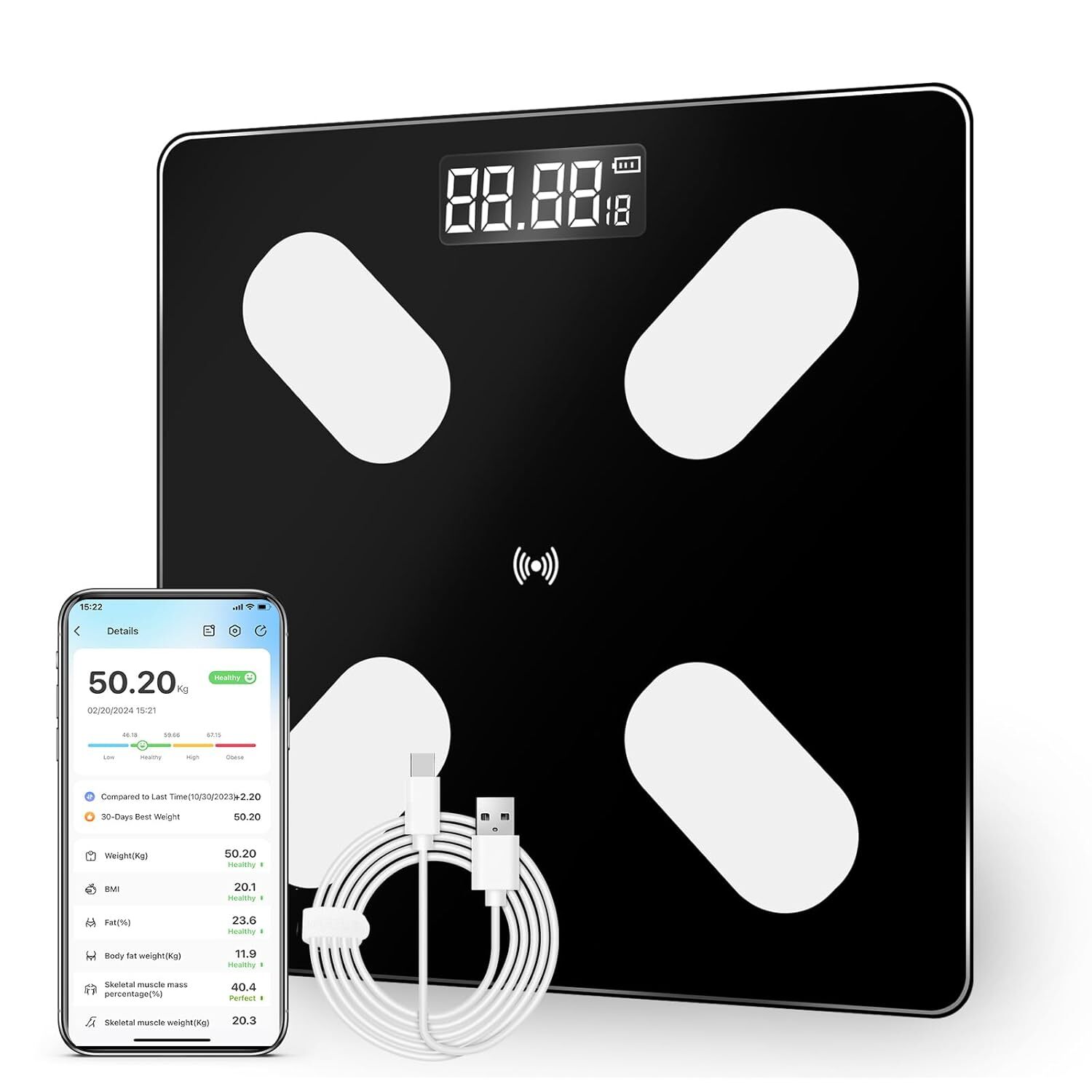 AKKEE Körperfettwaage, Personenwaage, Digitalwaage, Waage Personen Bluetooth Körperwaage, mit App LCD-Smart, für Körperfett, BMI, Gewicht, Muskelmasse