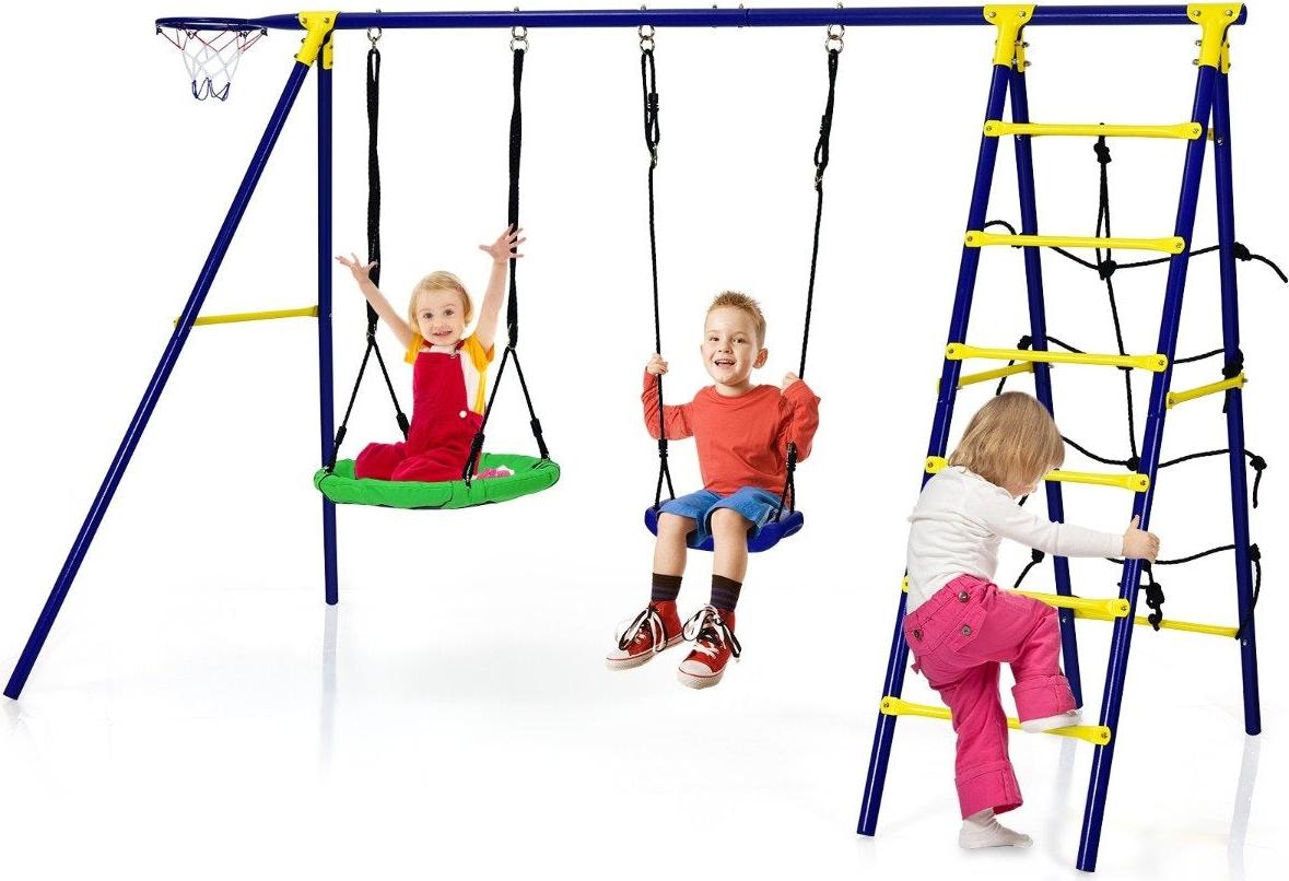 Northio 5 in 1 Schaukelset mit 2 Schaukeln Basketballkorb Kletternetz & Kletterleiter Kletter & Schaukelkombination Blau