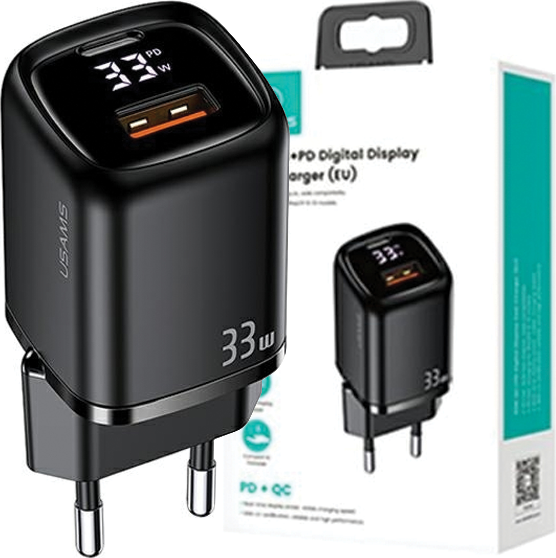 Usams Lad. Siete. 1Xusb-C+1Xusb T46 33W (Iba Hlava) Pd3.0 +Qc3.0 Rýchle Nabíjanie Čierna/Čierna Cc152Tc01 (Us-Cc152)