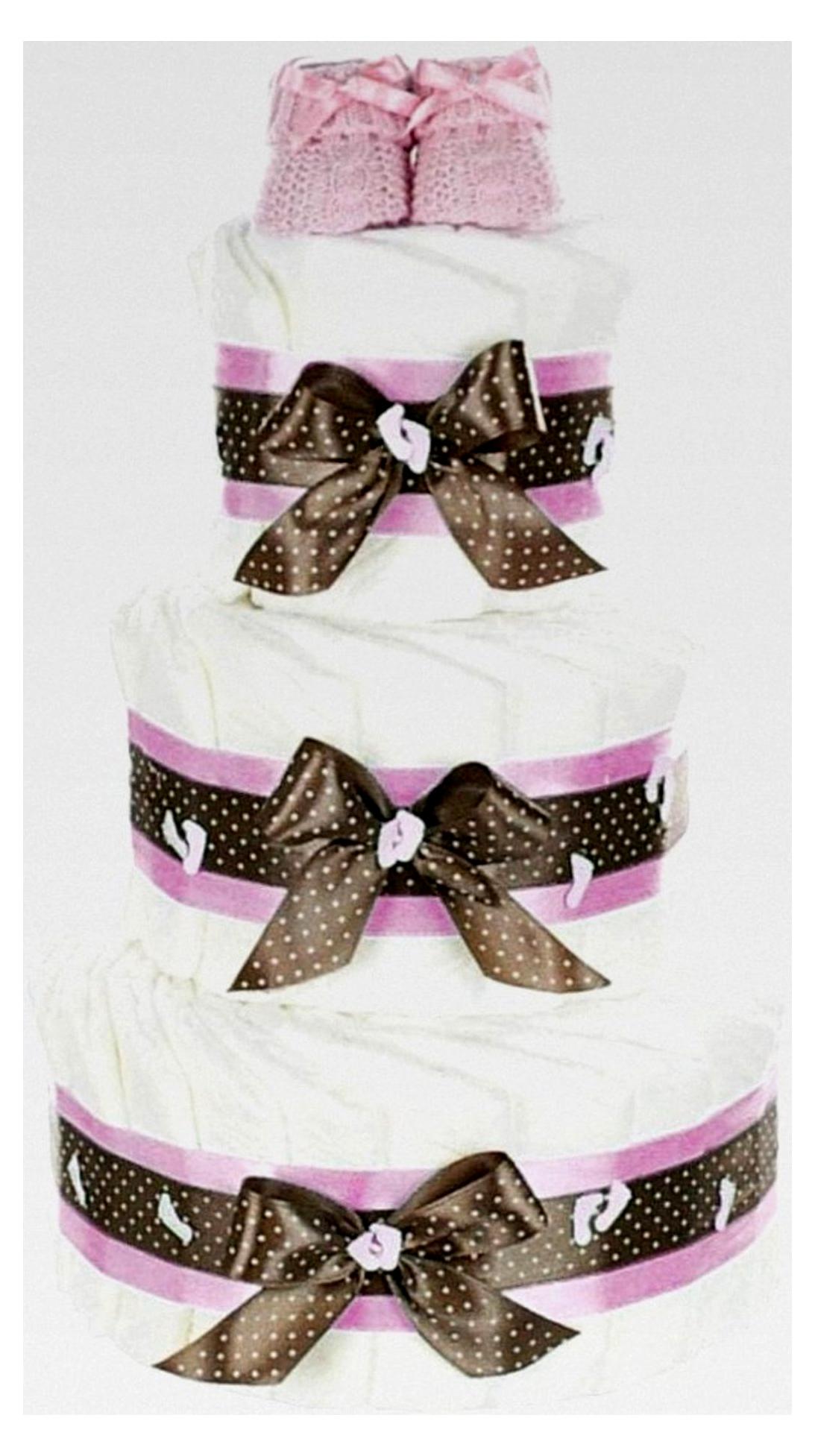 Markenlos XXL Windeltorte für Mädchen mit rosa Babybooties / 59-teilig / 3-stöckig