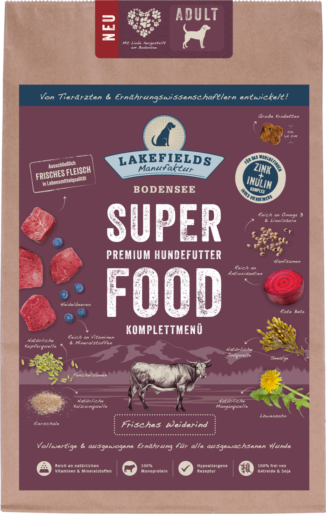 Lakefields Trockenfutter Hund SUPERFOOD Premium WEIDERIND für ausgewachsene Hunde, 2.5 kg