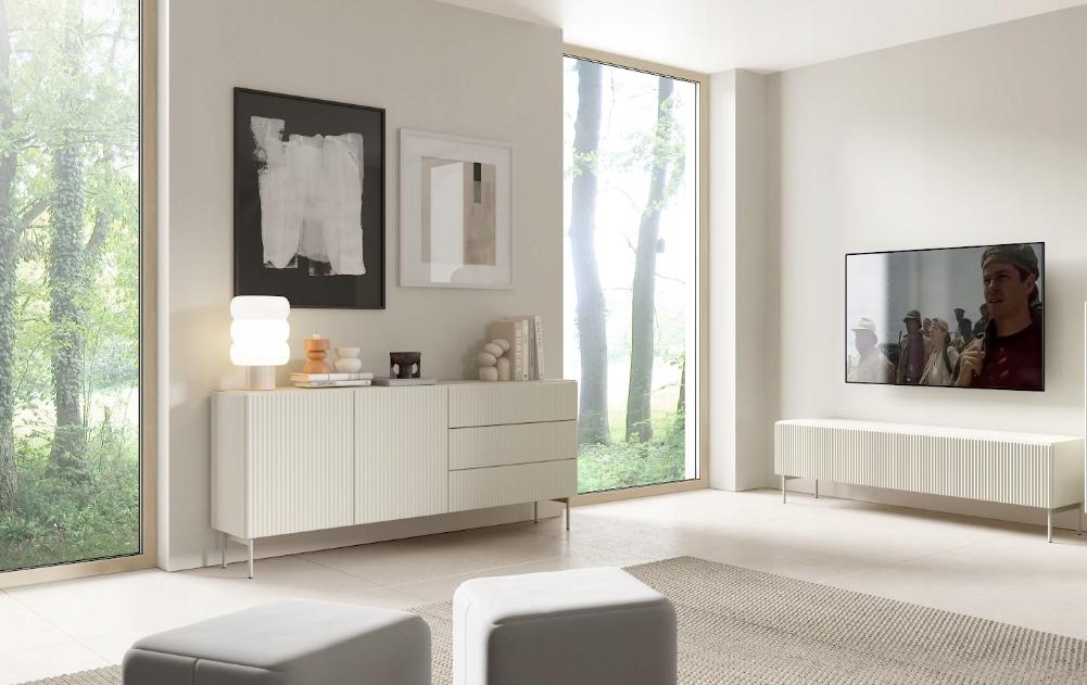 Meble Laski Möbelset Muti Kaschmir Matt | 2-teilig mit Kommode & TV-Lowboard | Design mit Riffel-Fronten & Push-to-Open