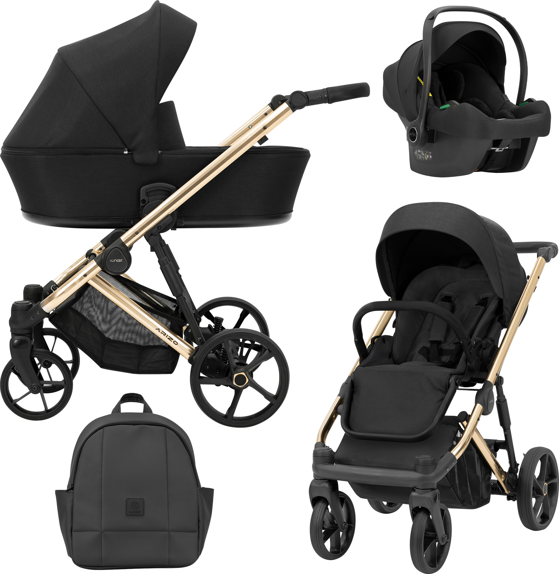 Kunert Kinderwagen ARIZO Sportwagen Babywagen Babyschale Komplettset Kinder Wagen Autositz Set 3 in 1 (Black, Rahmenfarbe: Gold)